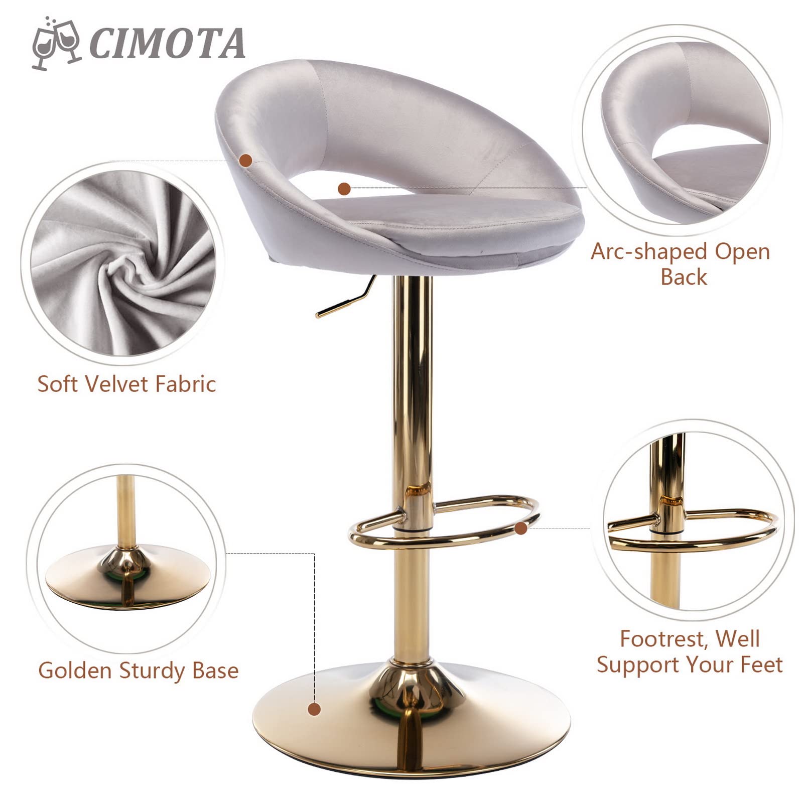 CIMOTA Swivel Velvet Bar Stools Set of 2 - Adjustable Height 24-33 Inch Counter Stools with Gold Base & Open Back - Modern Kitchen Island, Home Bar & Dining Room Seating - Perfect for Breakfast Nook, Bistro & Entertainment Areas