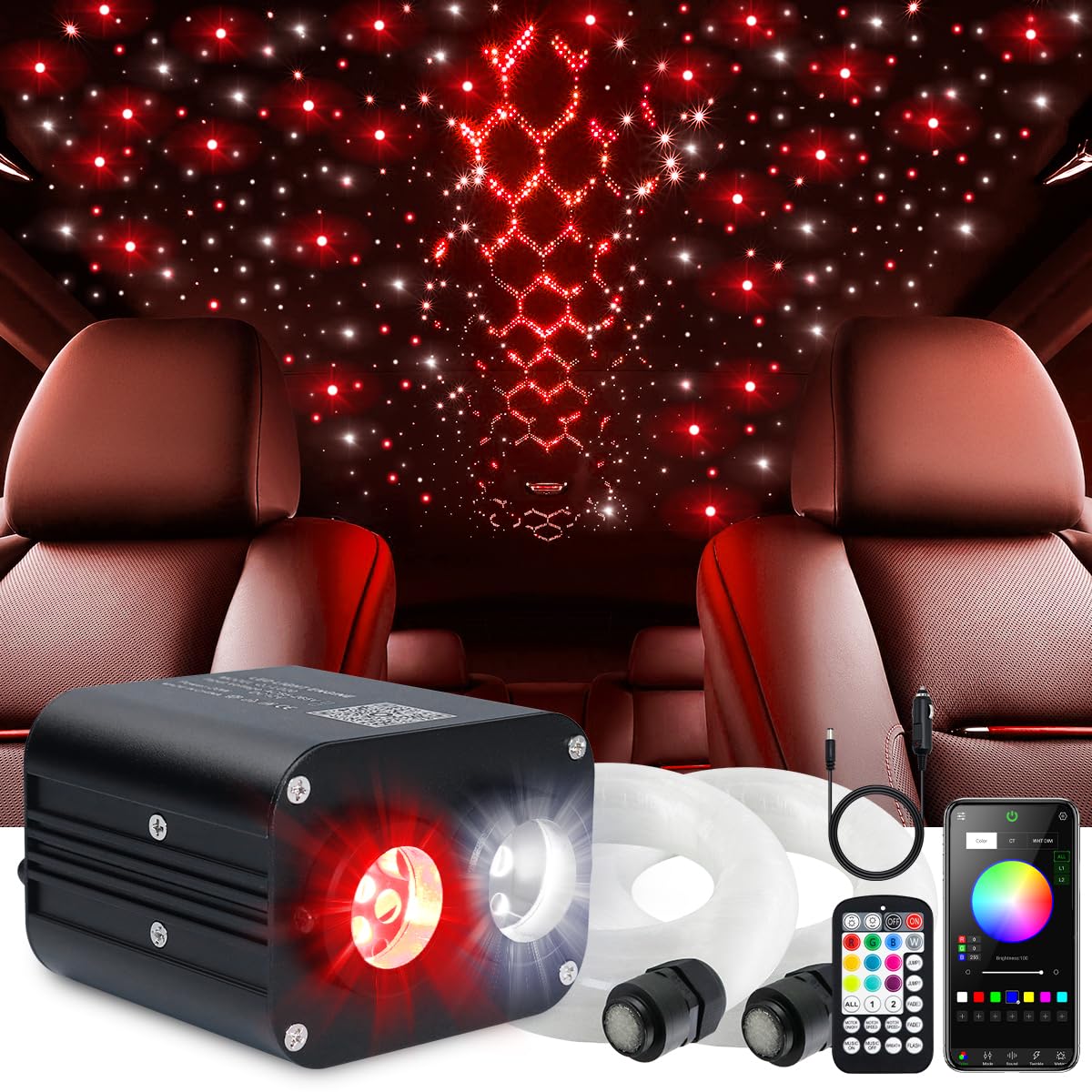 Dual Color Car Starlight Headliner Kit - Twinkle & Sound Activated RGBW 20W Fiber Optic Lights with Bluetooth APP & Remote Control (600pcs 0.03in 9.8ft) - Star Lights for Car Ceiling Decor - Perfect for Car Interior Customization, Night Driving & Party Atmosphere
