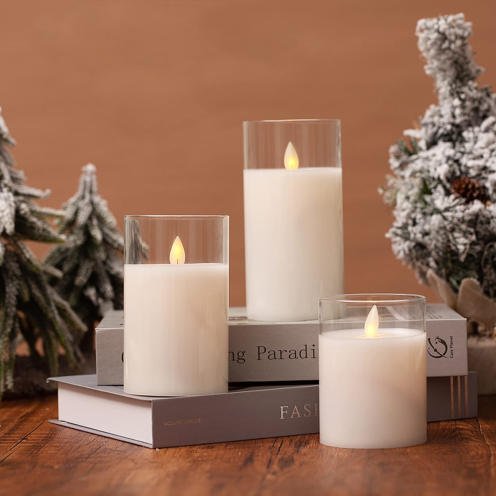 Flickering LED Flameless Candles Set of 3 - Waterproof Outdoor Battery Operated Candles with Remote & Timer - Real Wax Dripless Pillar Candles for Home Decor, Wedding, Party & Holiday Lighting