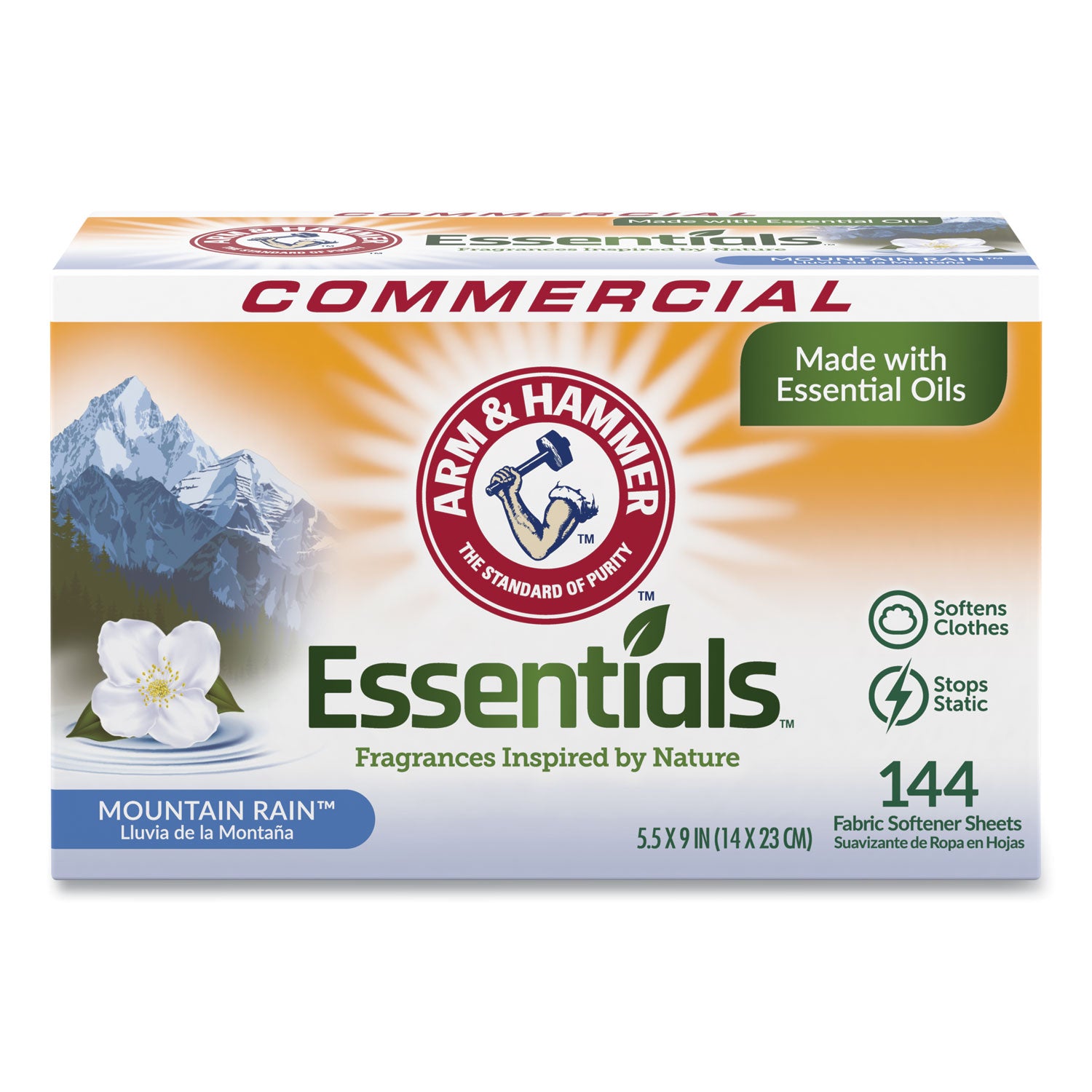 Arm & Hammer™ Essentials Dryer Sheets, Mountain Rain Scent, 144 Count - Hypoallergenic & Static-Free Fabric Softener for Laundry - Fresh Scent for Clothes, Towels & Bedding