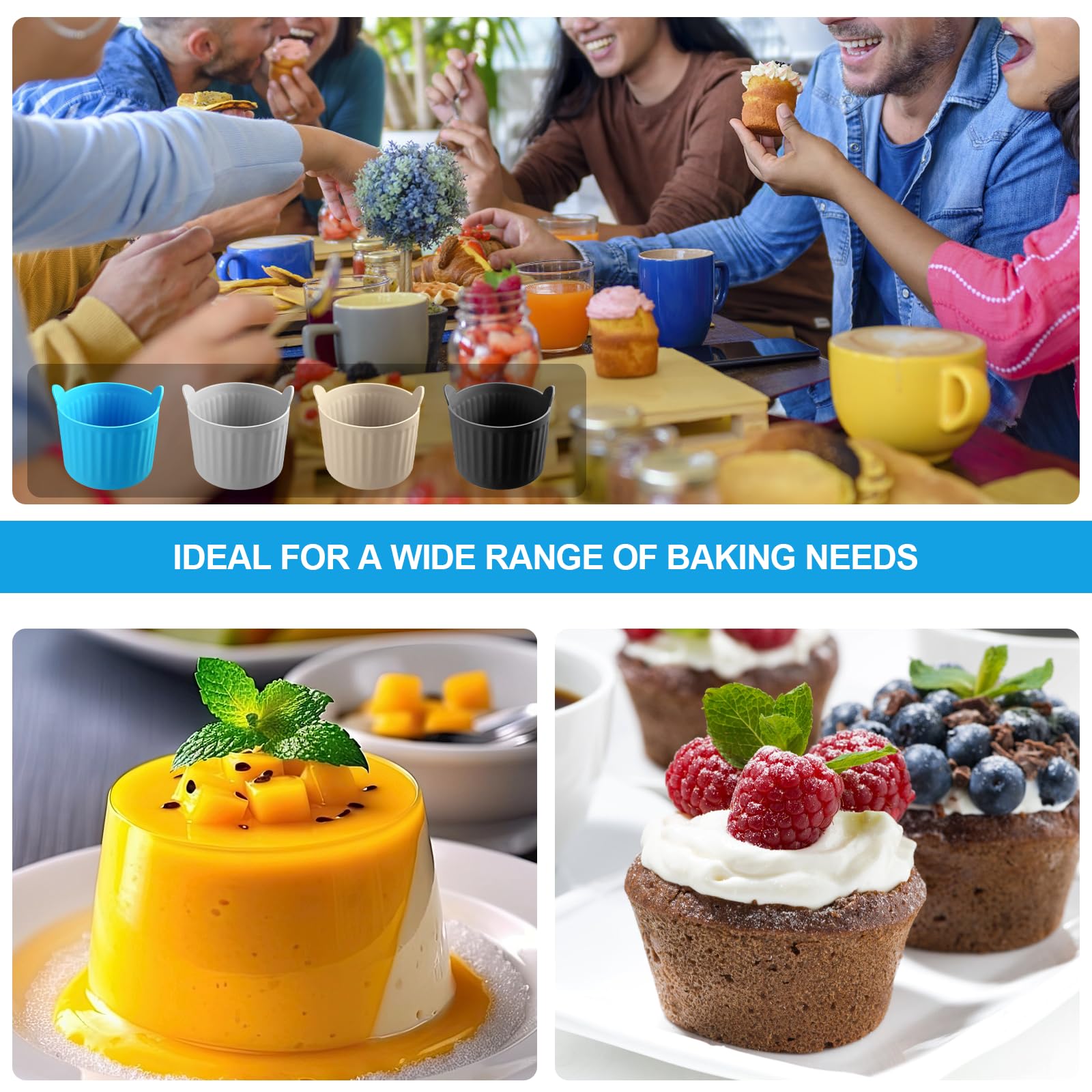 8-Piece Premium Food-Grade Silicone Air Fryer Baking Ramekins - Non-Stick Reusable Mold Cups for Eggs, Cupcakes, Muffins, Puddings, Tarts & Custards - Perfect Air Fryer Accessories for Healthy Cooking & Meal Prep