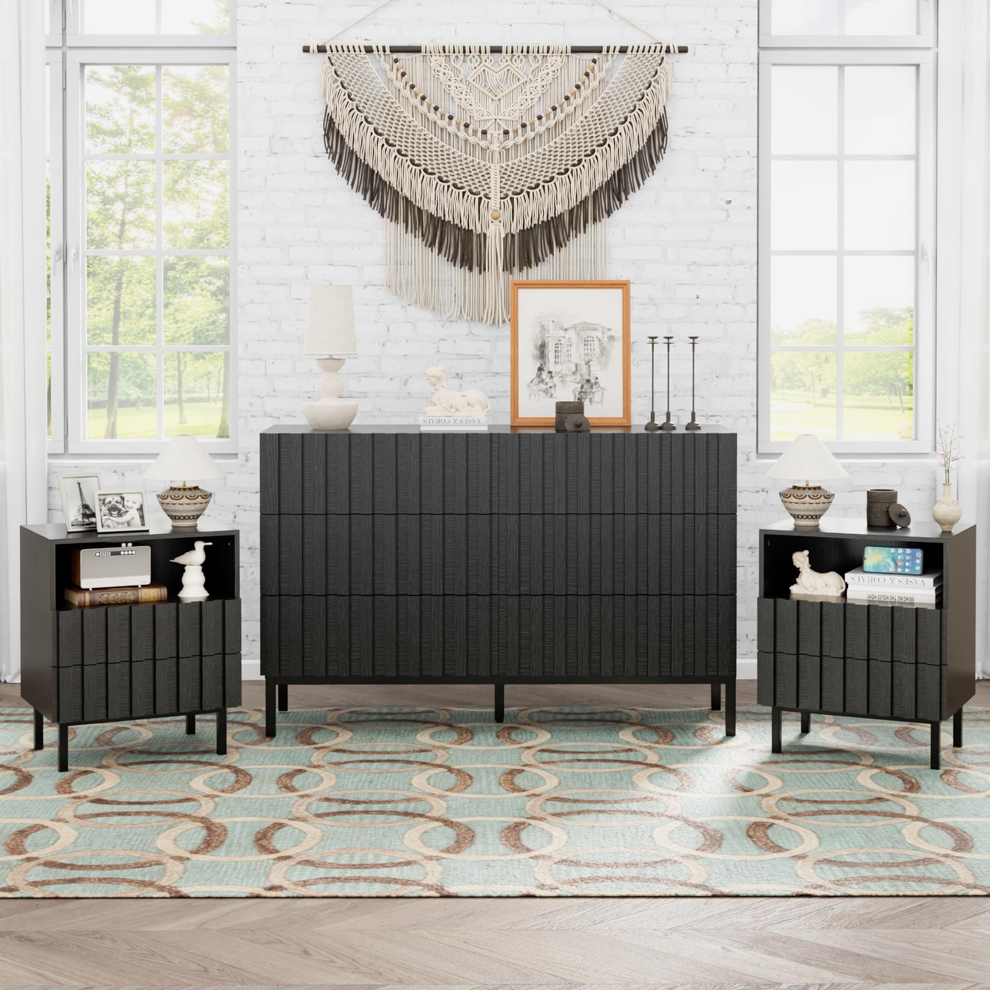 Modern 3-Piece Black Dresser and Nightstand Set - 43