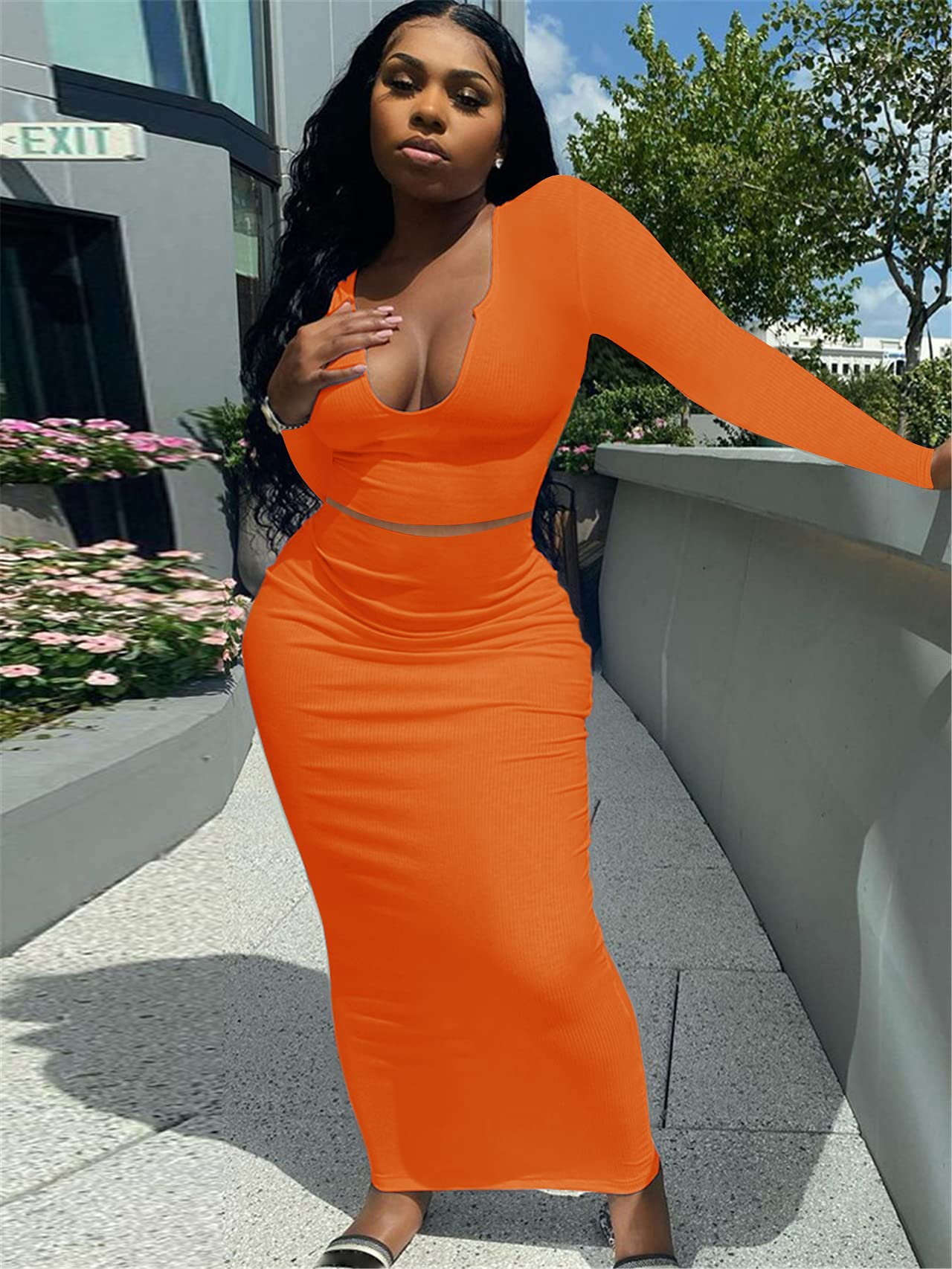 Sexy Women's Two Piece Skirt Outfit - Long Sleeve/Sleeveless V Neck Bodycon Ribbed Knit Maxi Dress for Club, Party & Night Out