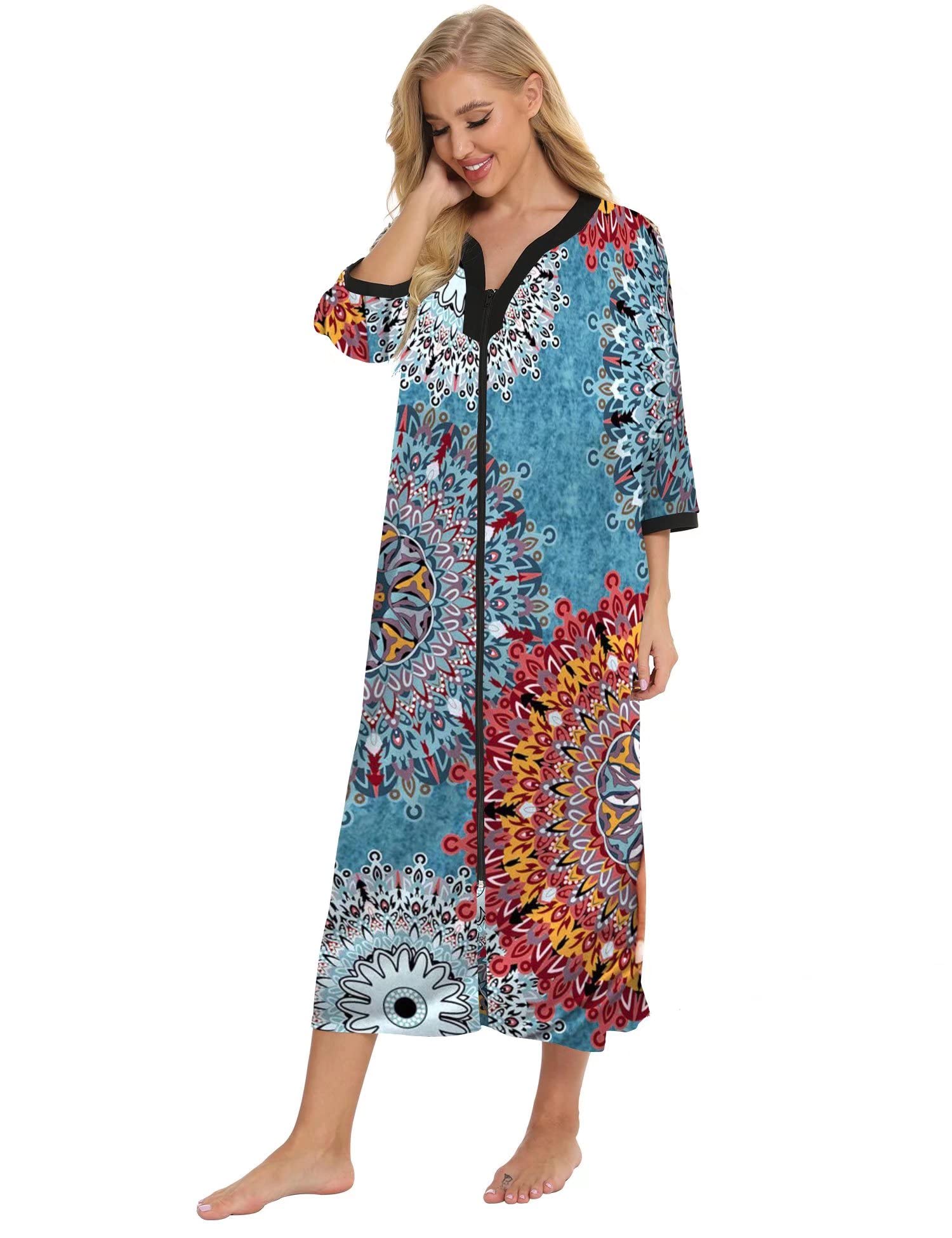 Bloggerlove Women's Zip Up Cotton Robe - Long House Coat with Half Sleeves, Comfy Sleepwear & Nightgown for Lounging, Sleeping & Relaxing at Home