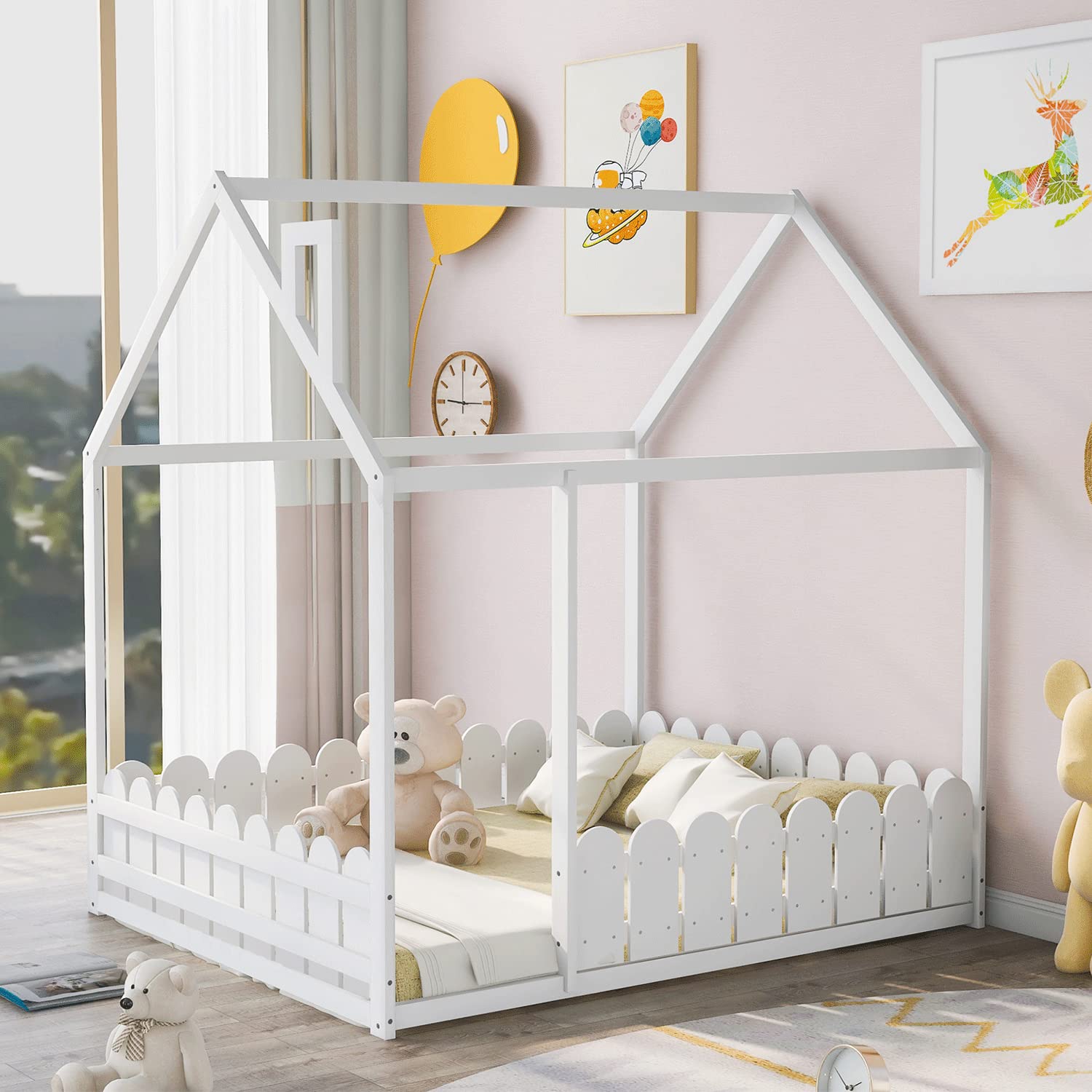 Full Size Wooden House Bed Frame with Safety Fence for Kids & Teens - Sturdy White Bed for Boys & Girls (Slats Not Included) - Perfect for Nursery, Kids Room & Playroom Decor