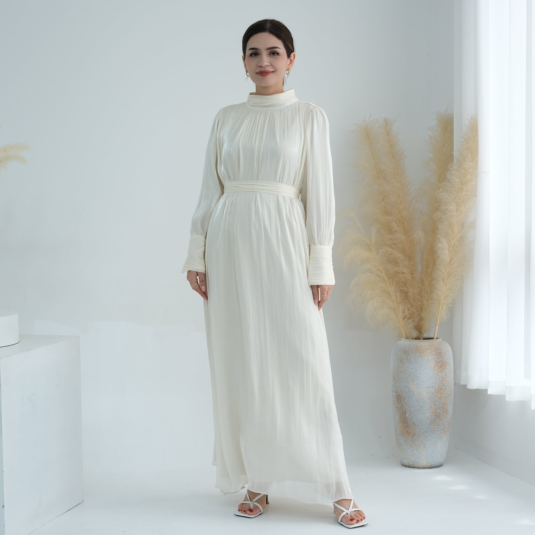 Indira Sparkles Long Sleeve Maxi Dress Ivory - Elegant Evening Gown for Women, Perfect for Weddings, Parties & Special Occasions