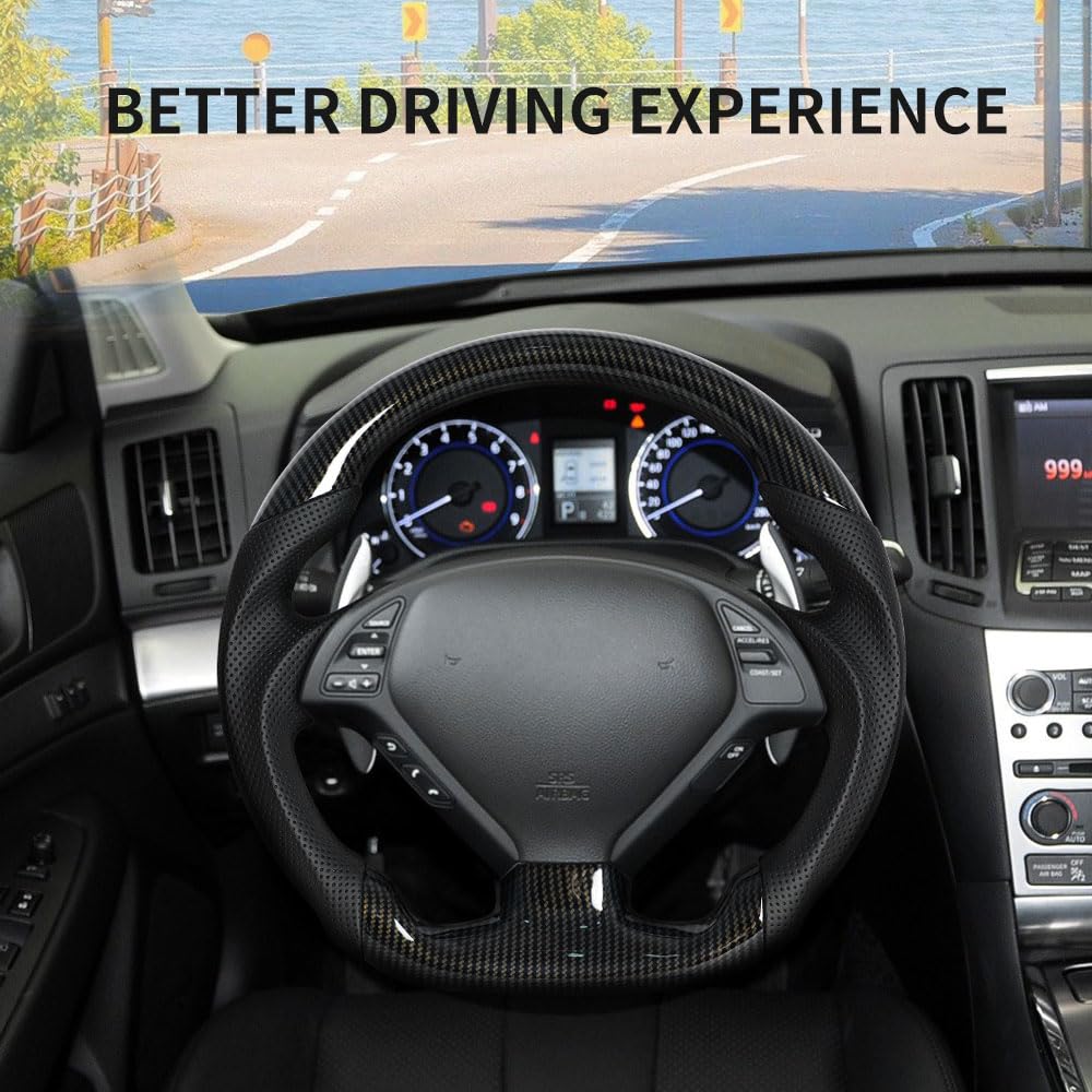 Hydro-Dipped Carbon Fiber D-Shaped Steering Wheel for Infiniti G37/G37X (2007-2013) - Sporty Racing Style Upgrade for Enhanced Grip & Driving Performance