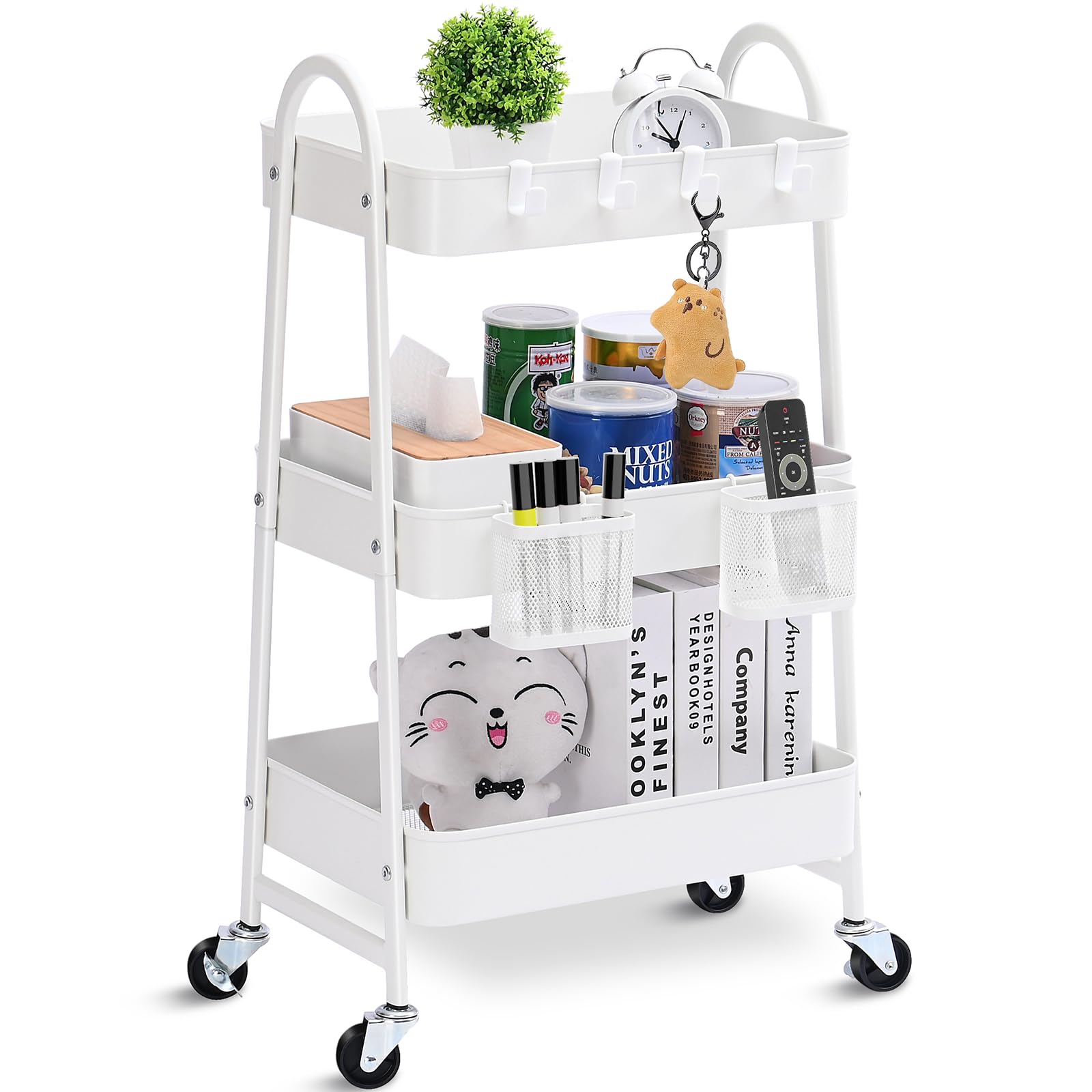 KINGRACK 3-Tier Rolling Utility Cart with Lockable Wheels & Handle - Metal Storage Cart with 2 Hanging Baskets & 4 Hooks - Perfect for Kitchen, Bathroom, Office, Dorm Room, Laundry Room & Garage Organization (White)