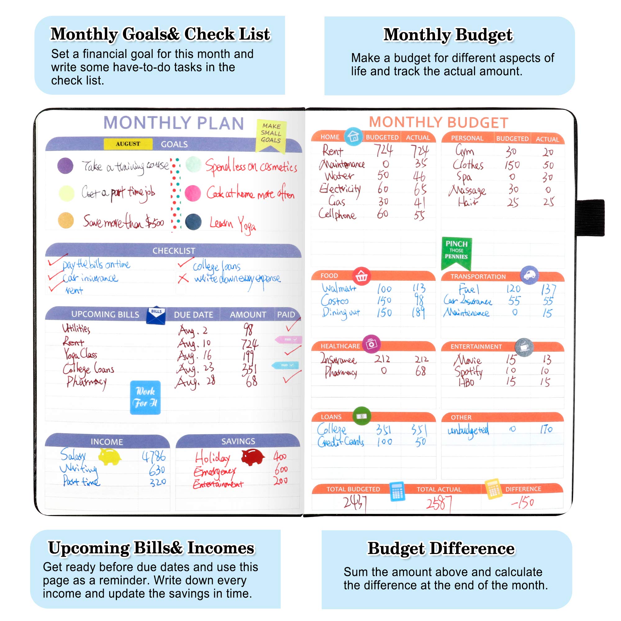 2025 Budget Planner - Undated Monthly Bill Organizer & Financial Journal with Expense Tracker | Includes Budget Envelopes, Stickers, Pen & User Manual | A5 Hardcover Money Management Notebook (Black) | Perfect for Personal Finance, Debt Tracking & Savings Goals