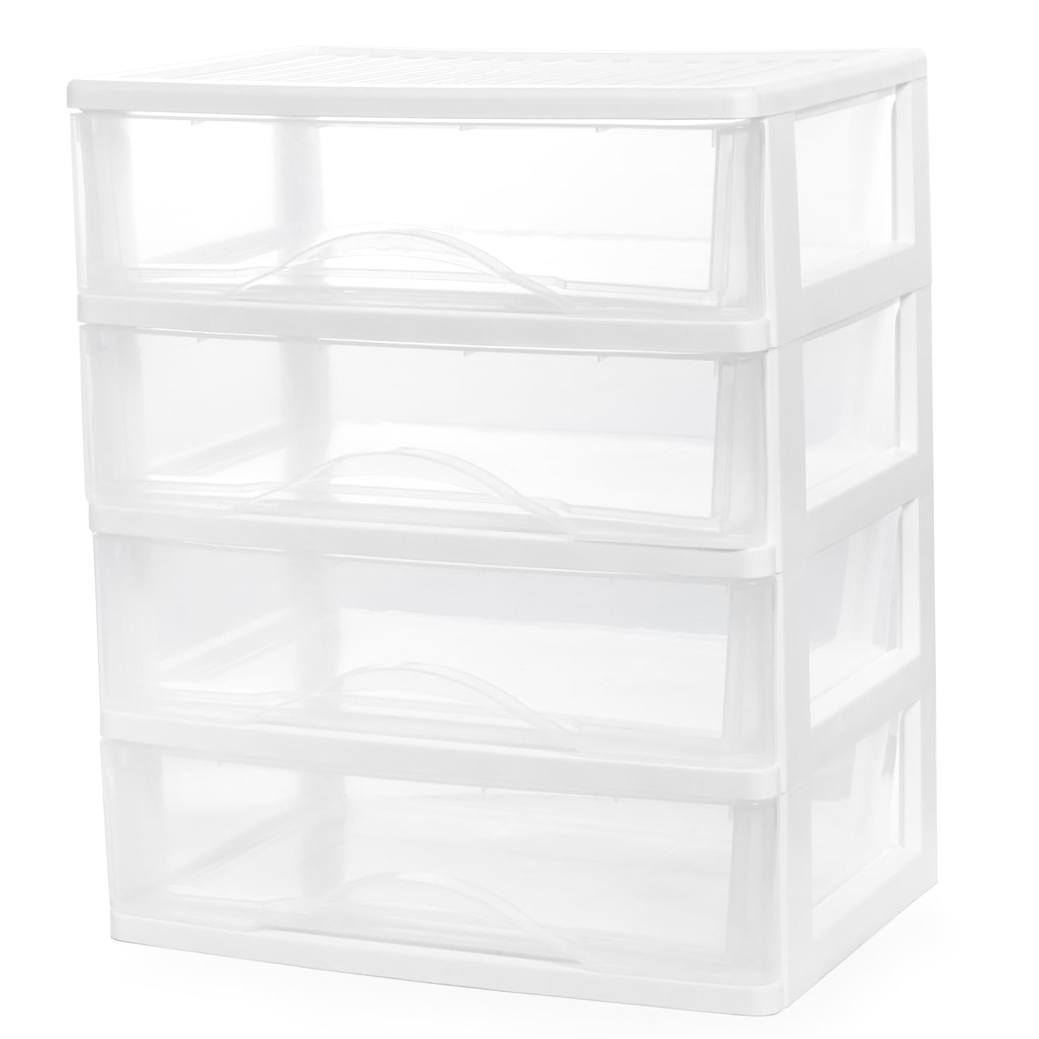 BYCY 4-Drawer Plastic Stackable Storage Organizer - White Bathroom Makeup & Desk Organizer with Wide Clear Drawers - Easy Assembly for Fridge, Bathroom, Cabinet - Perfect for Cosmetics, Office Supplies & Kitchen Storage Organization
