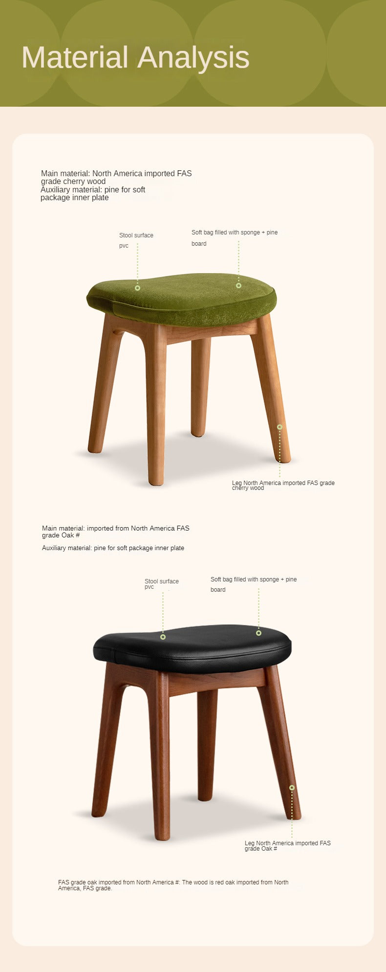 Premium Oak & Cherry Solid Wood Makeup Stool - Soft Cushioned Vanity Seat for Dressing Table, Bedroom, and Salon Use