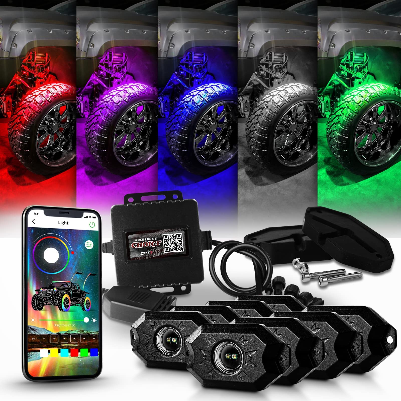 OPT7 Rock Lights 8 Pods LED RGBW Underglow Lighting Kit - Bluetooth APP Control, RGB & True White with SoundSync, 16 Million Colors & 20 Modes, IP68 Waterproof for Offroad Trucks, RZR, ATV, UTV - Perfect for Night Rides, Car Shows & Off-Road Adventures