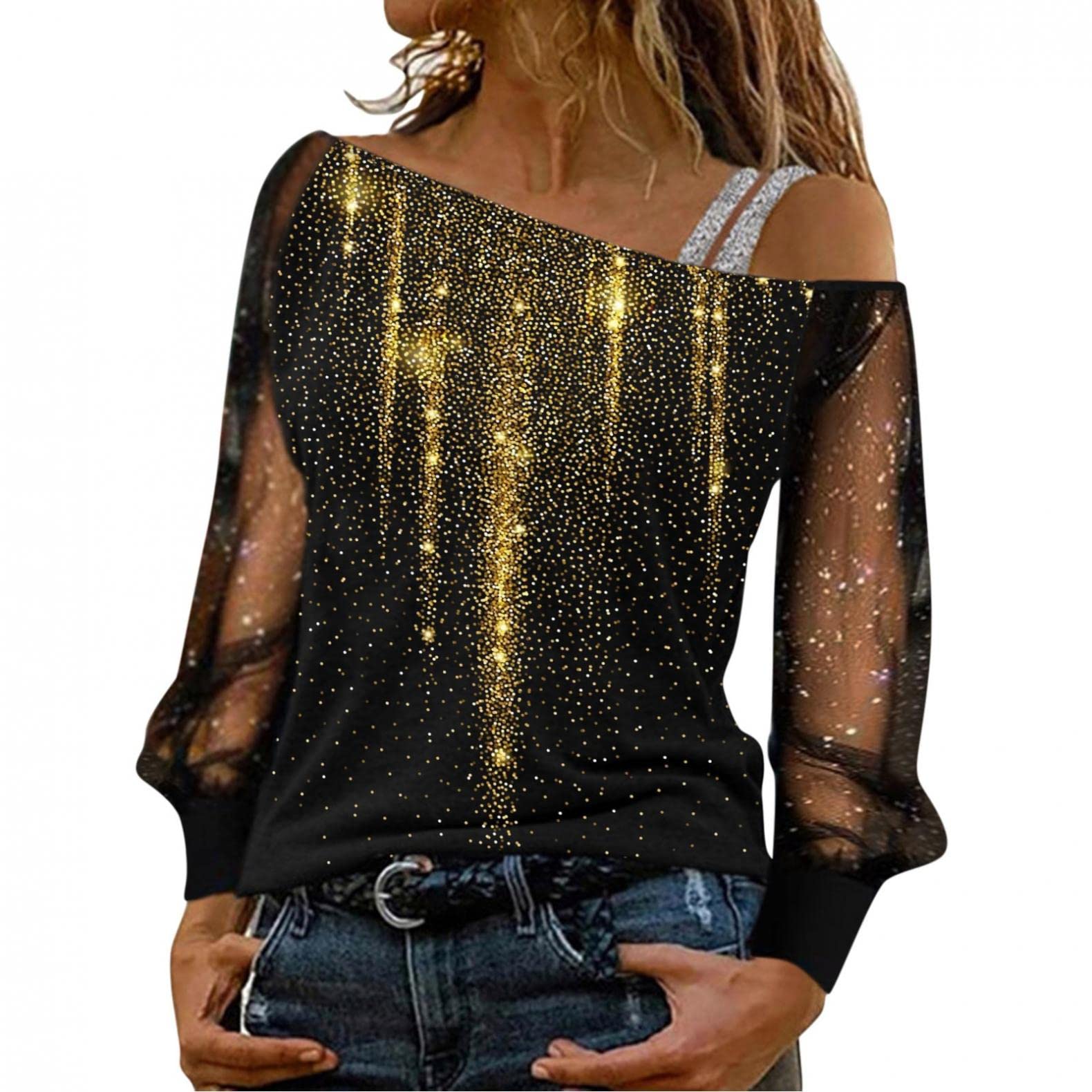 Sexy Cold Shoulder Lace Long Sleeve Blouse for Women - Floral Print Fashion Tunic Top for Date Night & Party Wear