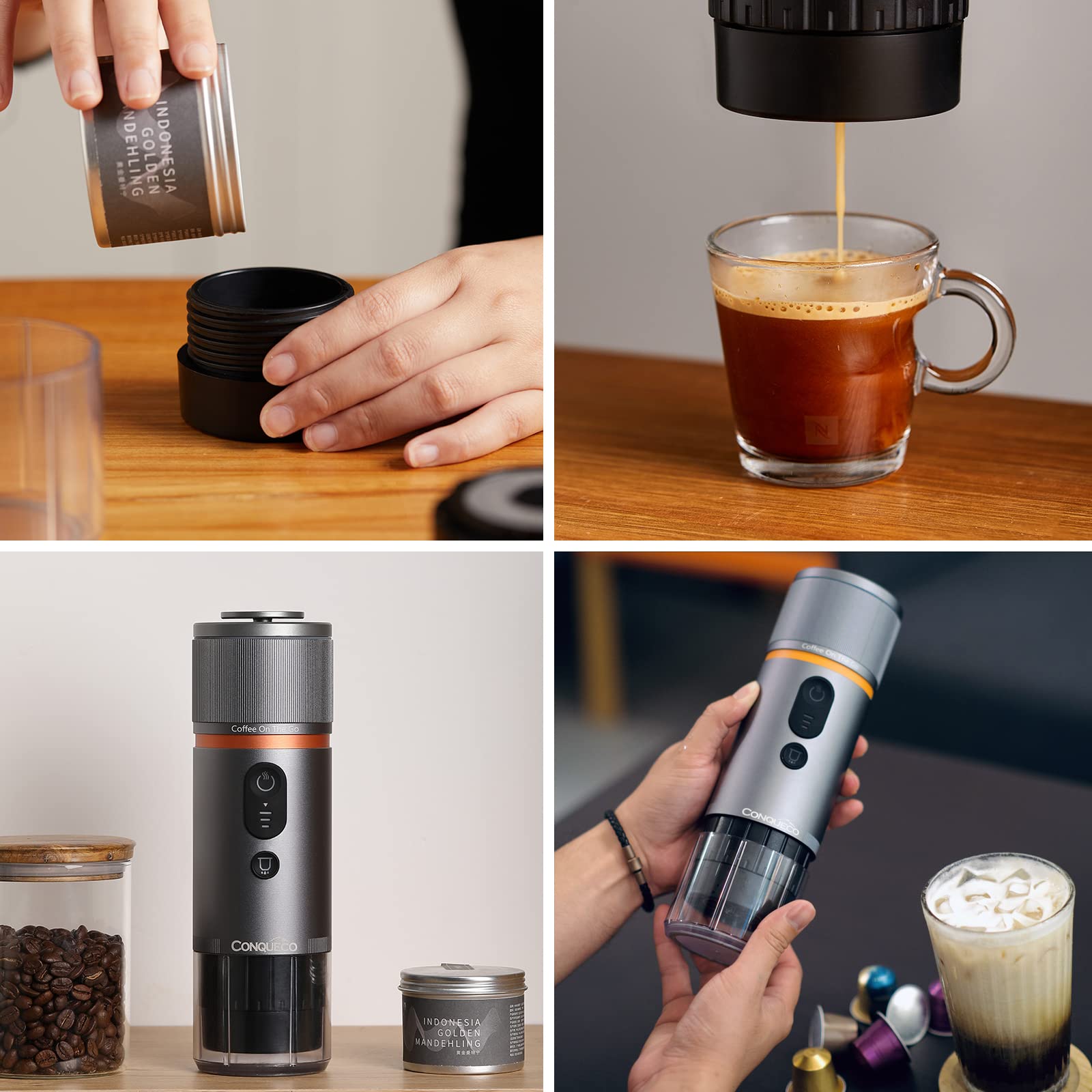 CONQUECO 12V Portable Electric Espresso Coffee Maker - Self Heating Travel Espresso Machine with 8 Cup Capacity, Battery Powered & Nespresso Capsule Compatible - Perfect for Camping, RV, Hiking, Office & Outdoor Adventures (Brown)