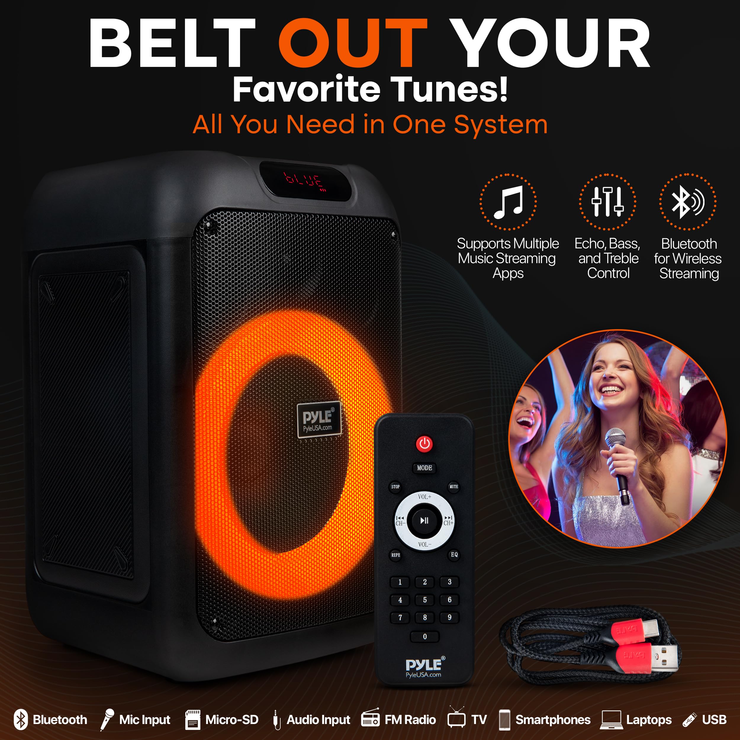 Pyle Audio PPHP8496 100W Portable Bluetooth Party Speaker with True Wireless Stereo, Powerful Bass & Clear Treble - Perfect for Outdoor Events, Beach Parties & Home Entertainment