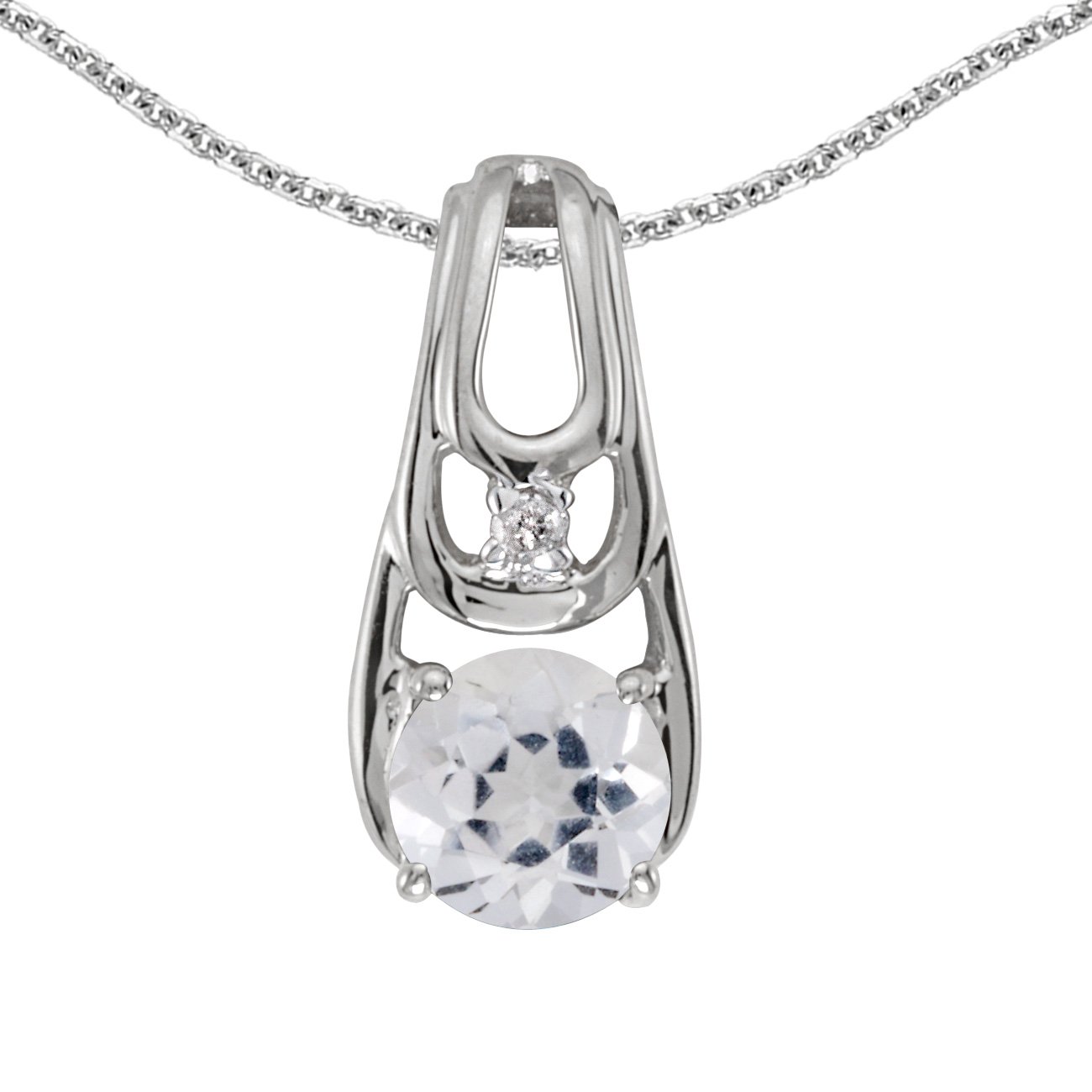 10K White Gold Round White Topaz and Diamond Pendant Necklace with 18