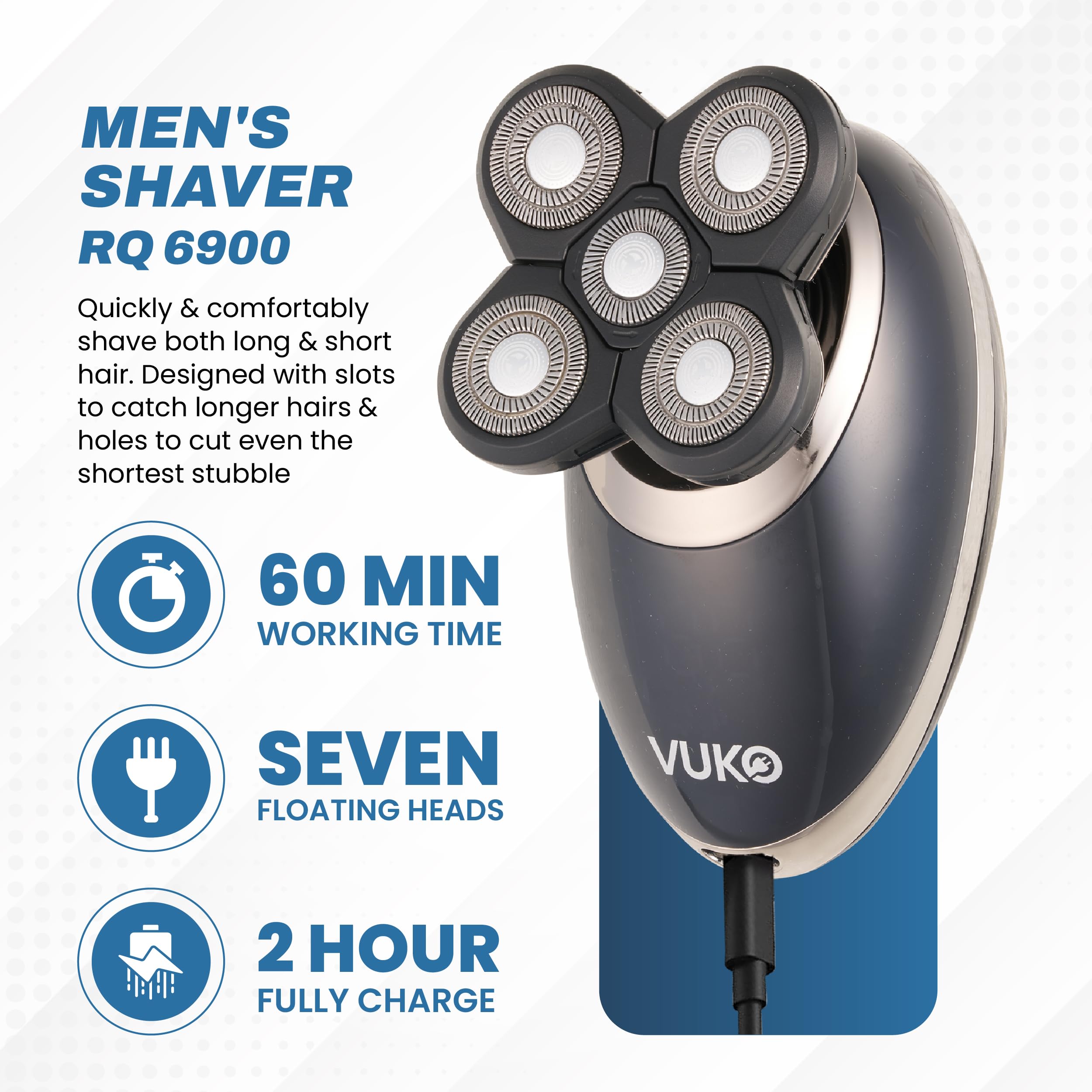 Electric Head Shaver for Men - Cordless Rechargeable Wet/Dry Waterproof Razor with Rotary Blades, Nose Trimmer & Massager | Bald Head Shaving & Grooming Kit for Home & Travel (Black)
