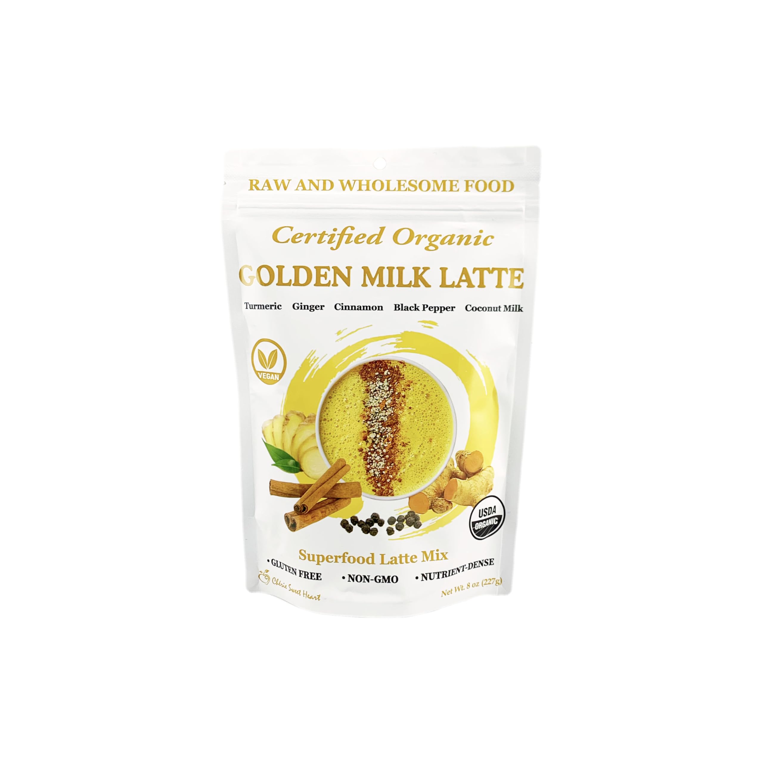 Organic Golden Milk Latte Powder - Turmeric, Coconut Milk, Cinnamon, Ginger & Black Pepper Superfood Mix | 8 oz Instant Drink for Smoothies, Coffee & Baking | Vegan, Gluten-Free Wellness Beverage for Relaxation & Immunity Boost