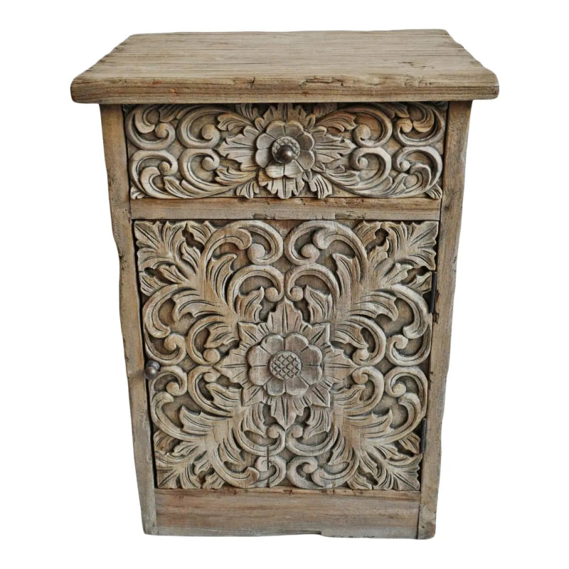 Hand Carved Solid Wood Bedside Table with Storage - 1 Door & 1 Drawer - Nightstand for Bedroom, Living Room, or Office - Rustic Wooden End Table with Ample Storage Space