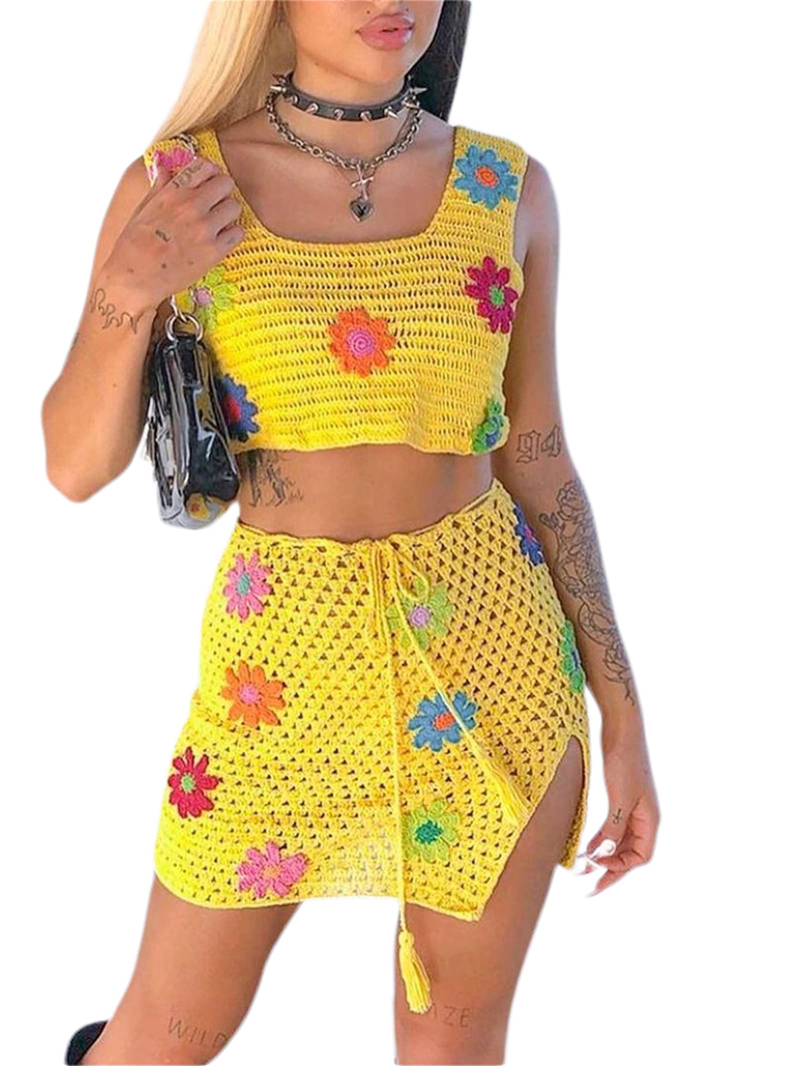 Boho Sleeveless Floral Knit Dress Set - Y2K Square Neck Top & Crochet Drawstring Skirt for Women | Summer Outfit for Beach, Music Festivals & Casual Wear