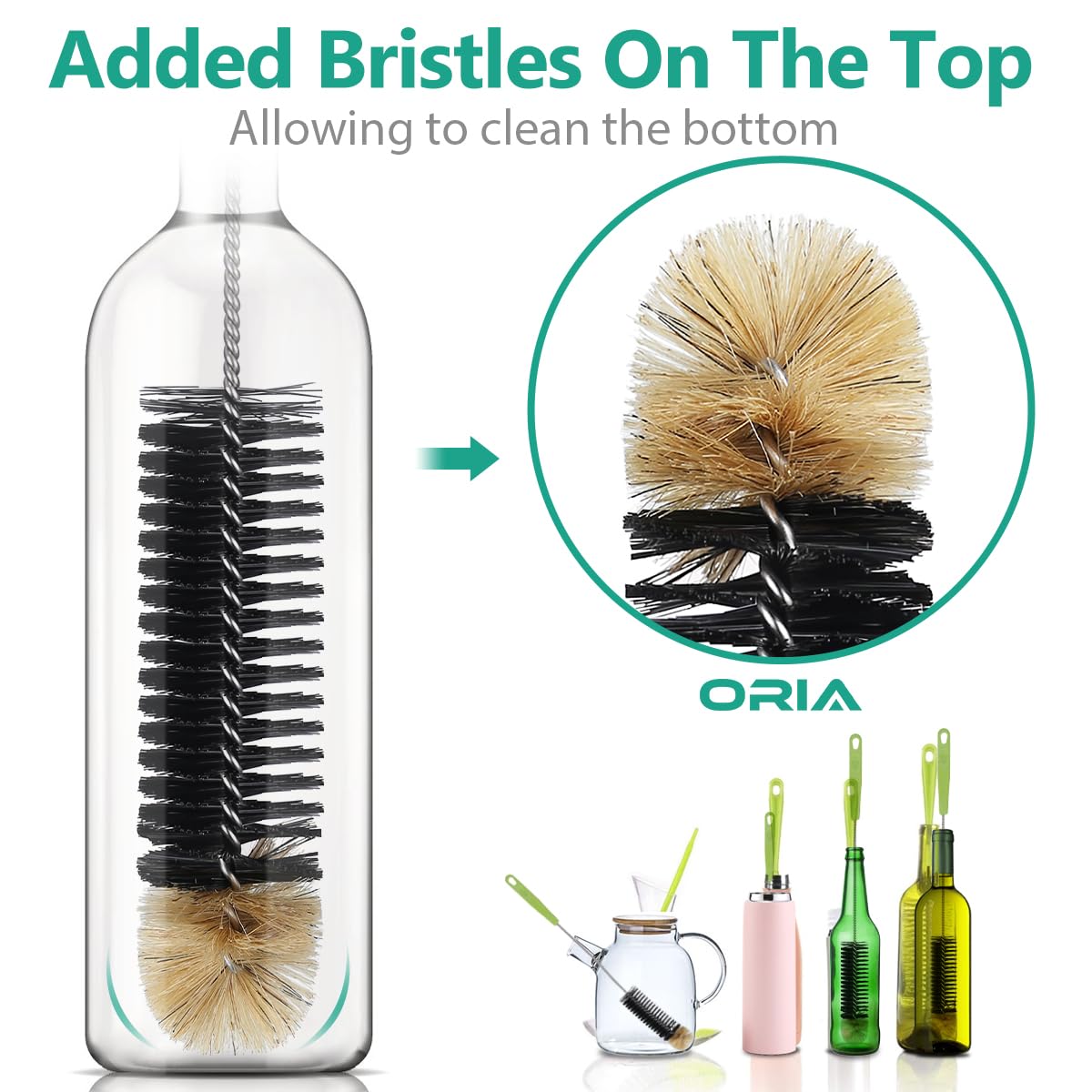 ORIA 4-Pack Bottle Cleaning Brush Set with Long Handle - Stainless Steel Straw Cleaner, Wire Scrub Brushes for Water Bottles, Baby Bottles, Pipes & Beer Brewing - Perfect for Kitchen, Home & Camping Use