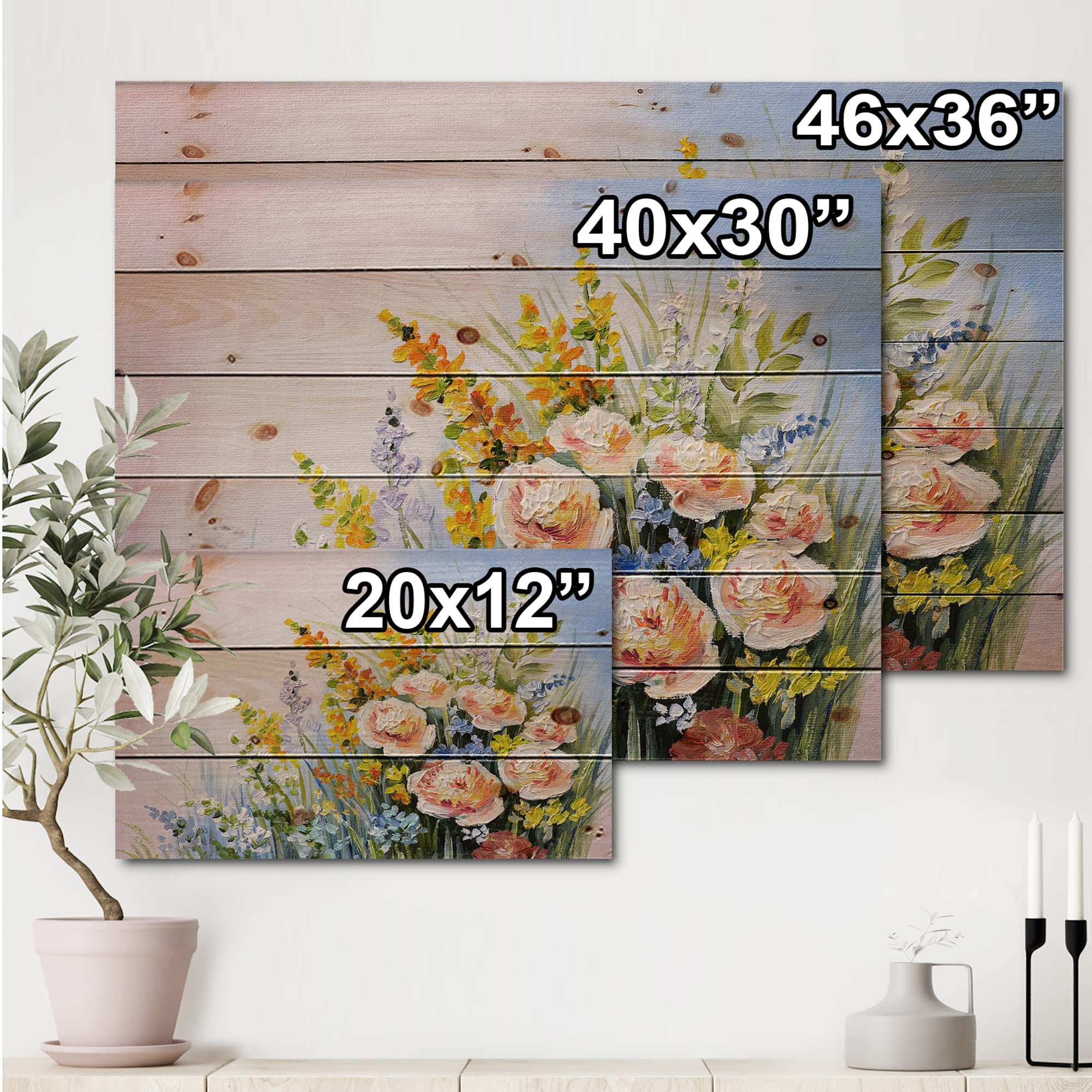 Pink and Yellow Summer Wildflowers Traditional Wood Wall Decor - Large Floral Wood Wall Art Panels Printed on Natural Pine - Perfect for Living Room, Bedroom, or Farmhouse Decor
