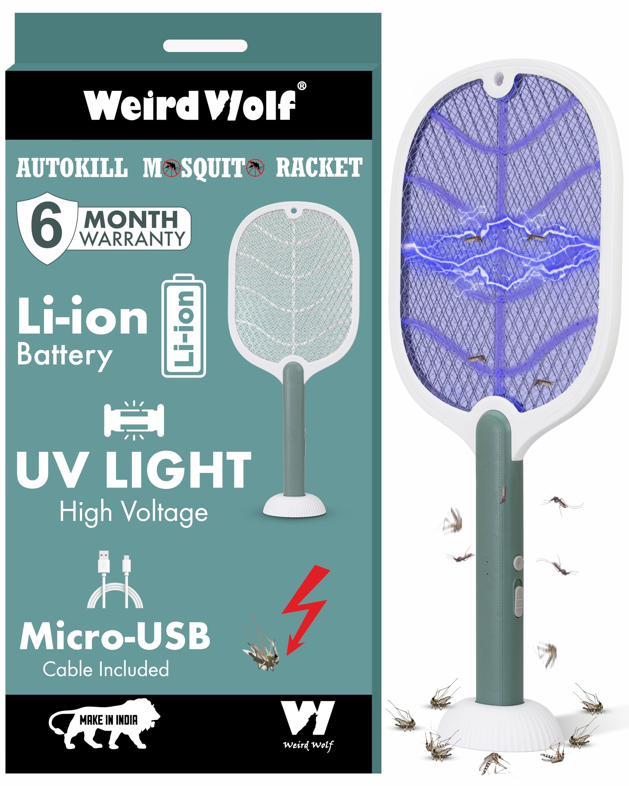 Weird Wolf 2 in 1 UV Light Electric Fly Swatter & Mosquito Zapper with Stand - USB Rechargeable Lithium Battery - Indoor/Outdoor Bug Killer for Home, Patio, Camping (White, 6 Month Warranty)