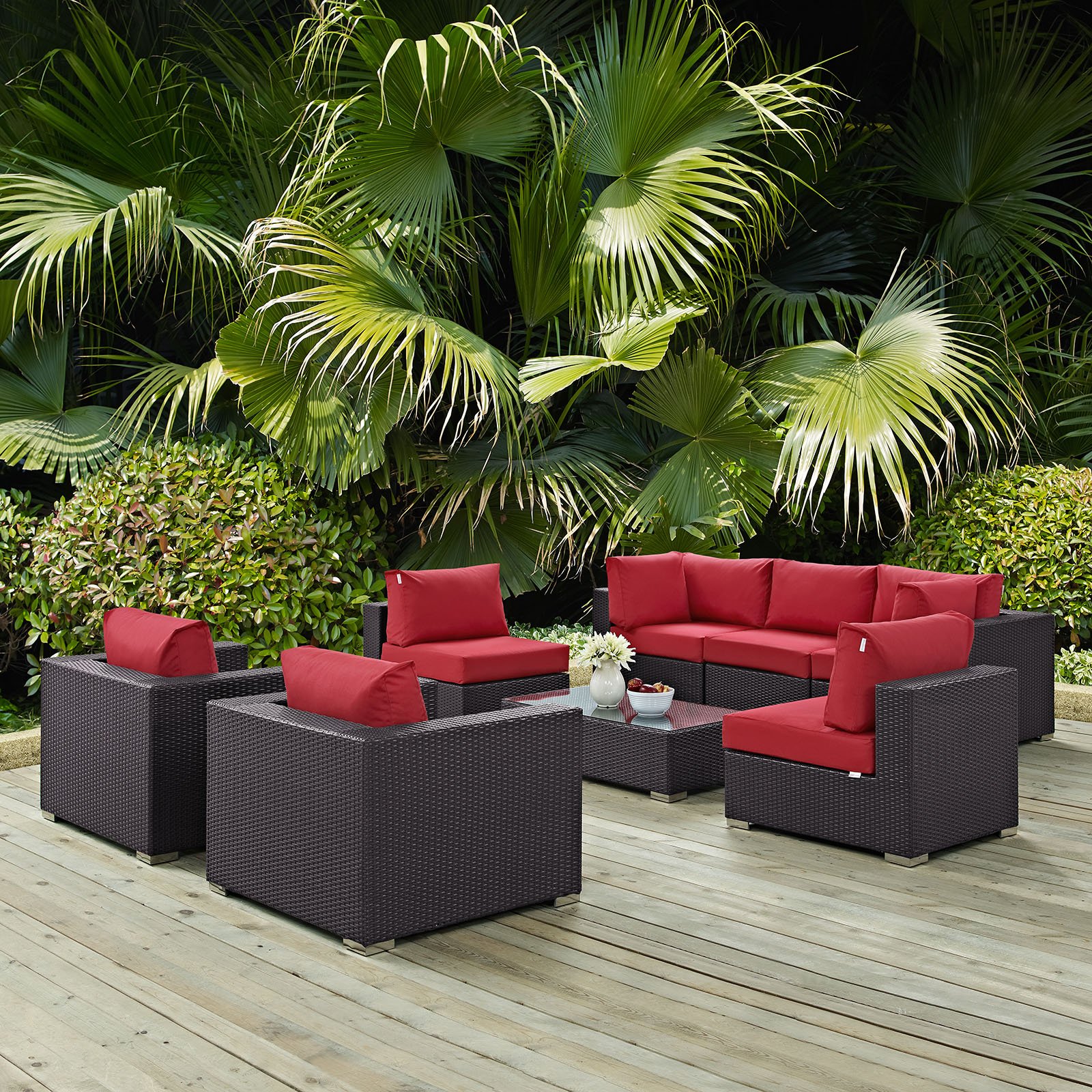 Modway Convene 8-Piece Wicker Rattan Outdoor Patio Sectional Sofa Set - Espresso Red - Durable Weather-Resistant Furniture for Backyard, Poolside & Garden Relaxation