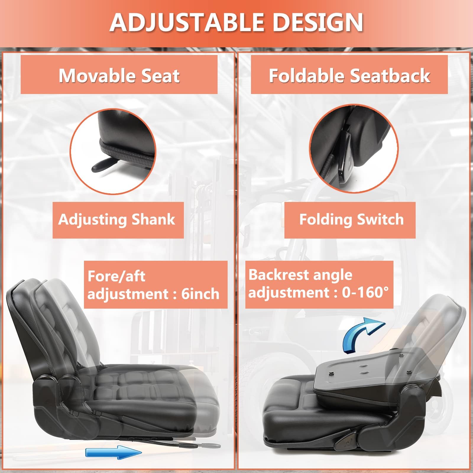 Universal Forklift Seat with Adjustable Angle Backrest - Heavy Duty Tractor Seat with Micro Switch & Slide Mechanism - Compatible with Excavators, Skid Loaders, Backhoes, Dozers, Telehandlers & ZTR Equipment - Perfect for Construction, Farming & Industrial Worksites