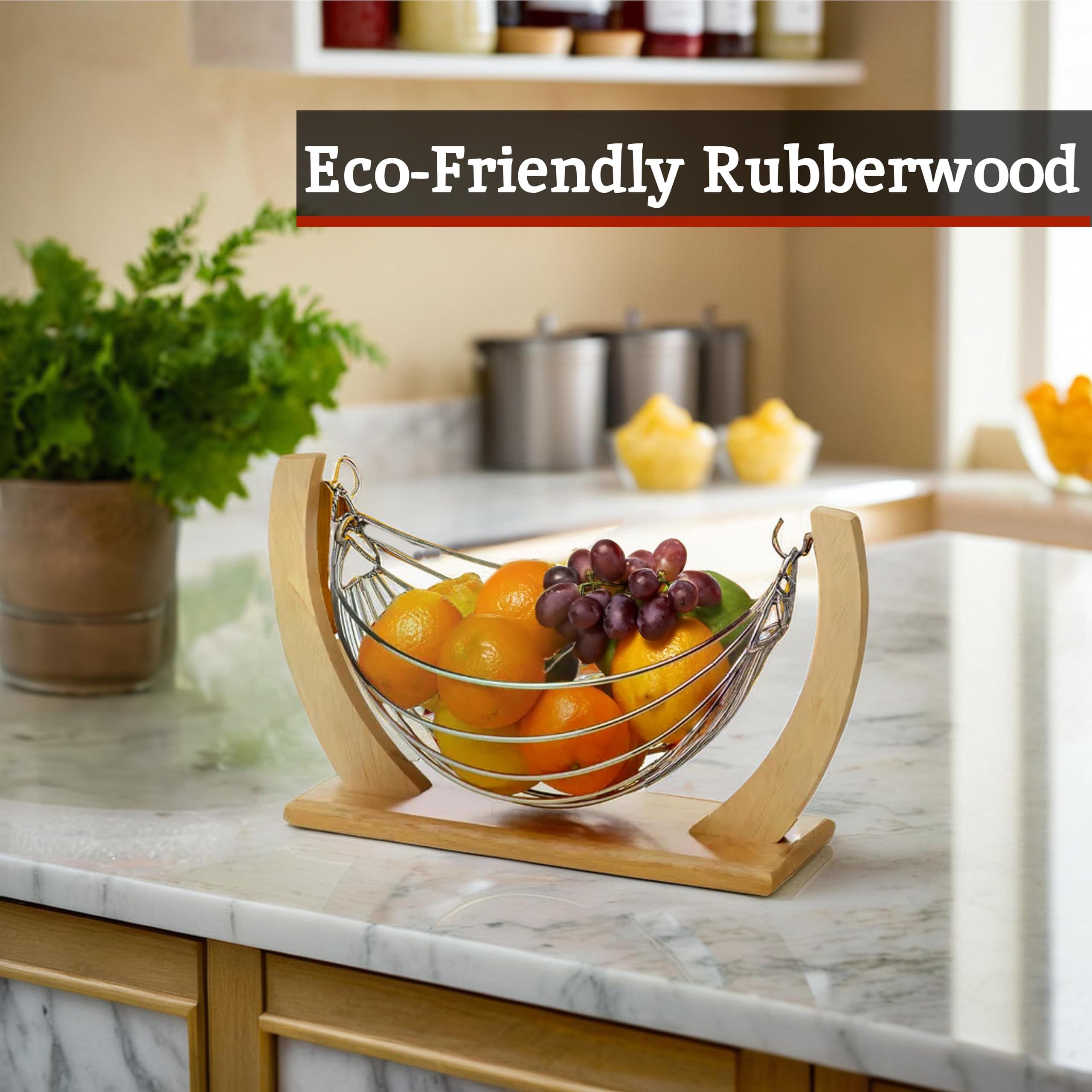 Premium Small Fruit Hammock - Natural Rubber Wood & Chrome Kitchen Storage - Perfect for Organizing Bananas, Apples, and Produce in Pantry, Countertop, or Dorm Room