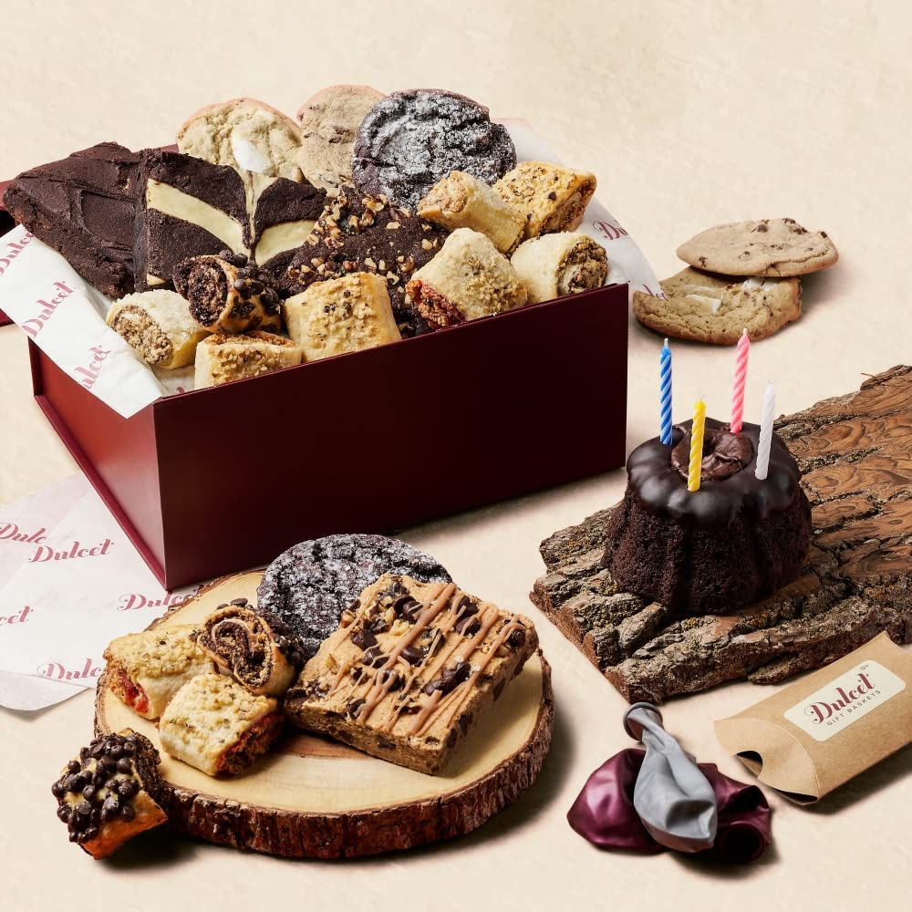 Deluxe Happy Birthday Gift Basket - Chocolate Bundt Cake, Walnut Brownies, Chocolate Chip Fudge, Cookies & Assorted Rugelach with Birthday Candles | Gourmet Dessert Collection for Birthdays, Anniversaries & Special Occasions
