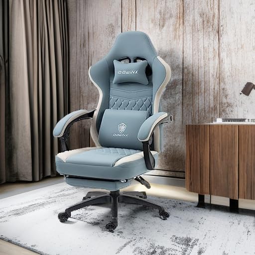 Dowinx Ergonomic Gaming Chair - Breathable Fabric Office Chair with Pocket Spring Cushion & Gel Pad, Adjustable Footrest & Storage Bag - Blue Computer Chair for Gamers & Home Office Use