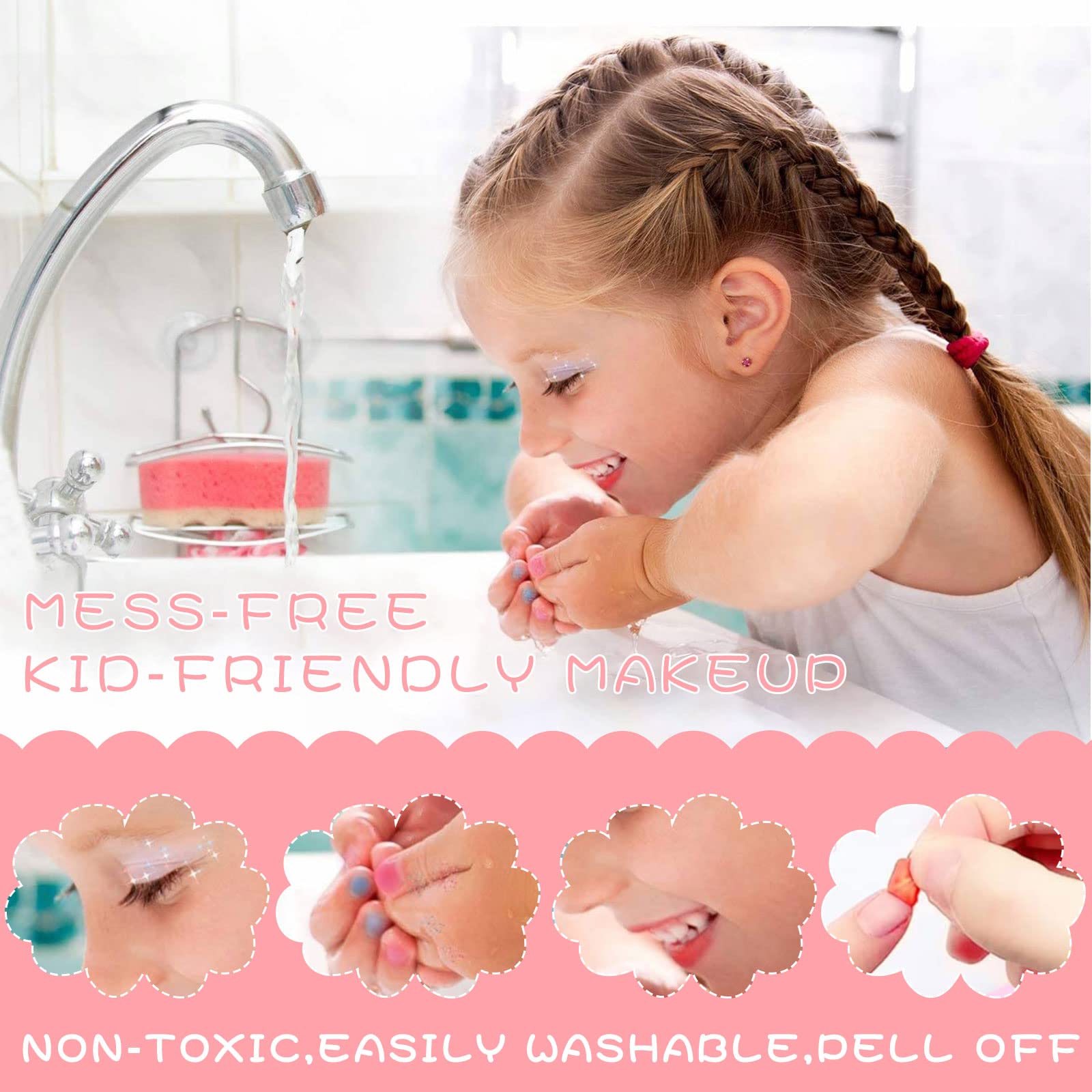 McNory 33-Piece Washable Makeup Kit for Girls - Safe & Non-Toxic Princess Toy for Ages 5-7+ | Birthday & Dress-Up Play