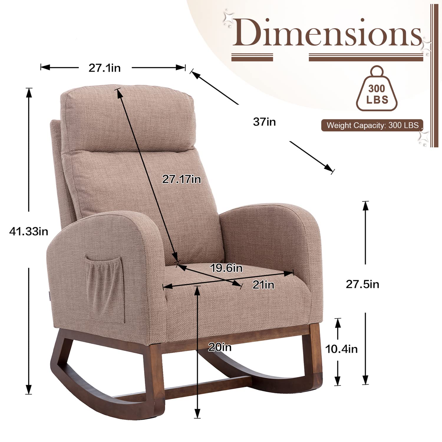 Antetek Modern Upholstered Rocking Chair - Nursery Glider Rocker with Side Pocket, Comfortable High Back Armchair with Headrest for Living Room, Bedroom & Nursery - Perfect for Breastfeeding, Reading & Relaxing (Camel)