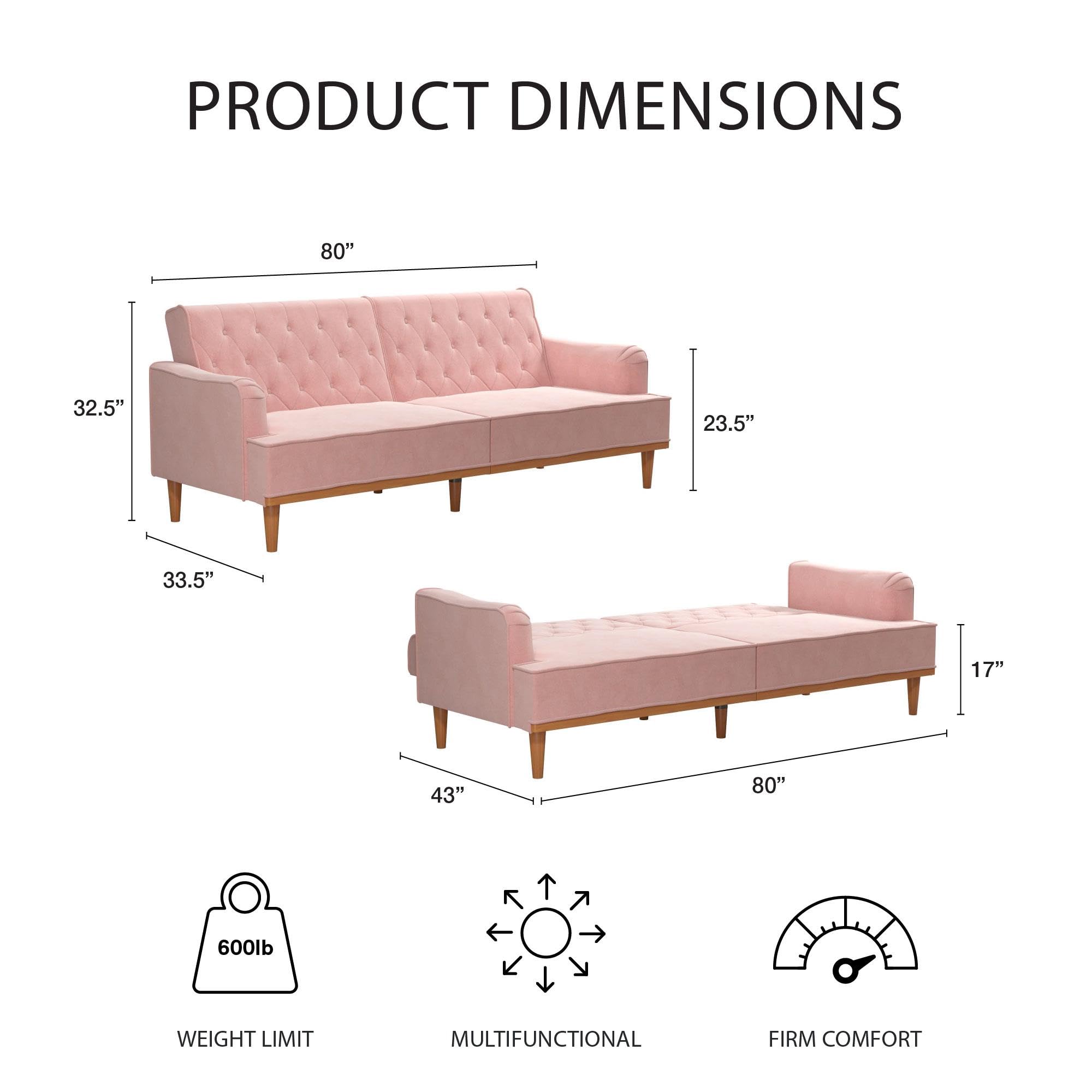Mr. Kate Stella 80 Inch Velvet Futon Sofa Bed - Modern Upholstered Convertible Sleeper with Button Tufted Back & Wood Trim, Pink | Perfect for Small Apartments, Guest Rooms & Cozy Living Spaces