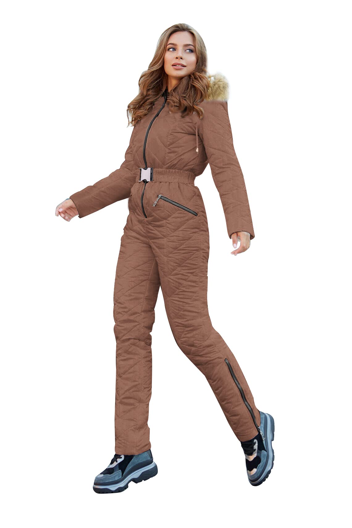 Yousify Women's Winter Ski Suit - One Piece Hooded Snowsuit with Fur Collar for Skiing, Snowboarding & Outdoor Winter Sports - Warm Waterproof Snow Jacket for Cold Weather Adventures