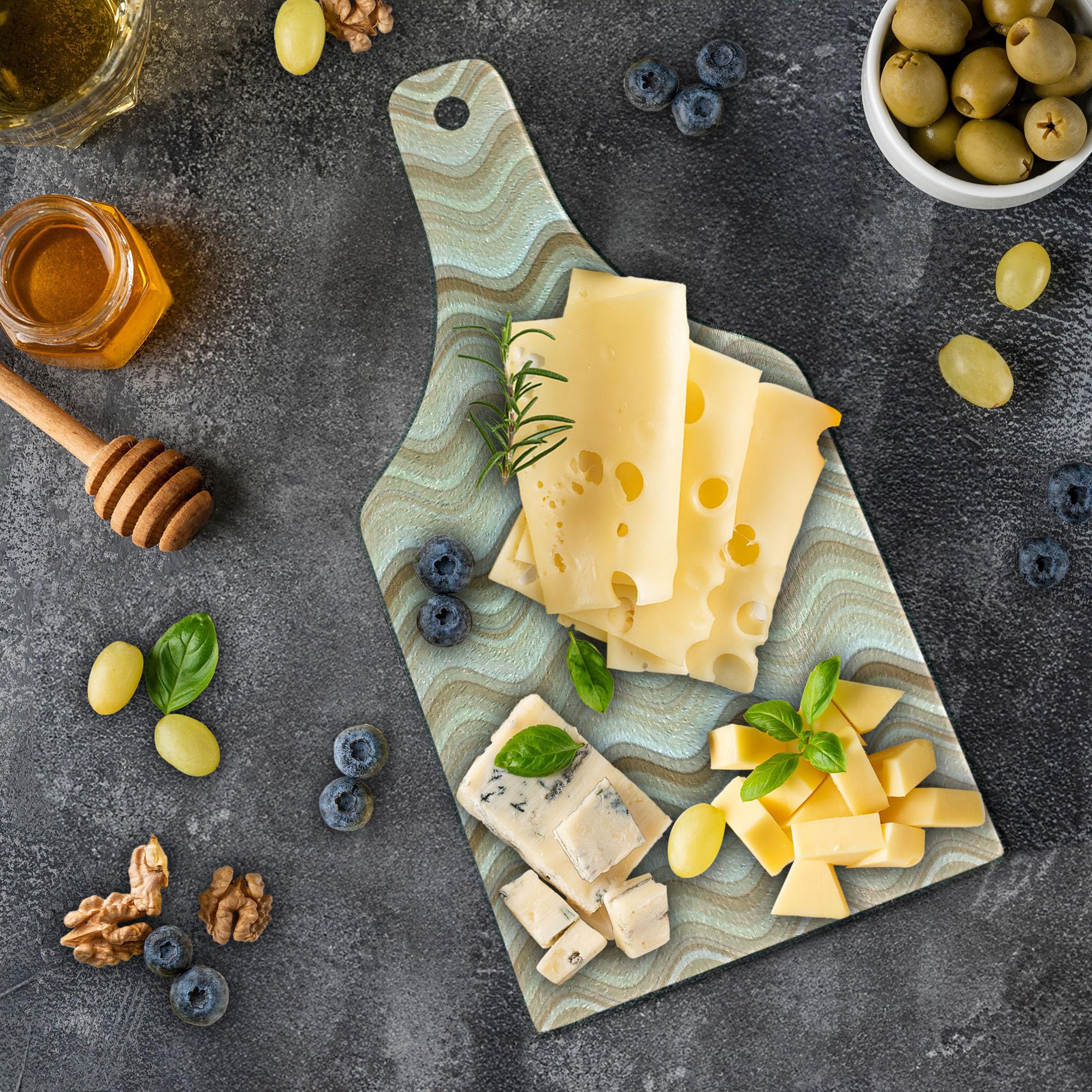 Ambesonne Decorative Tempered Glass Cutting Board - Wavy Vertical Line Design, Wine Bottle Shape in Pale Brown & White - Perfect for Serving Cheese, Charcuterie & Wine Pairings