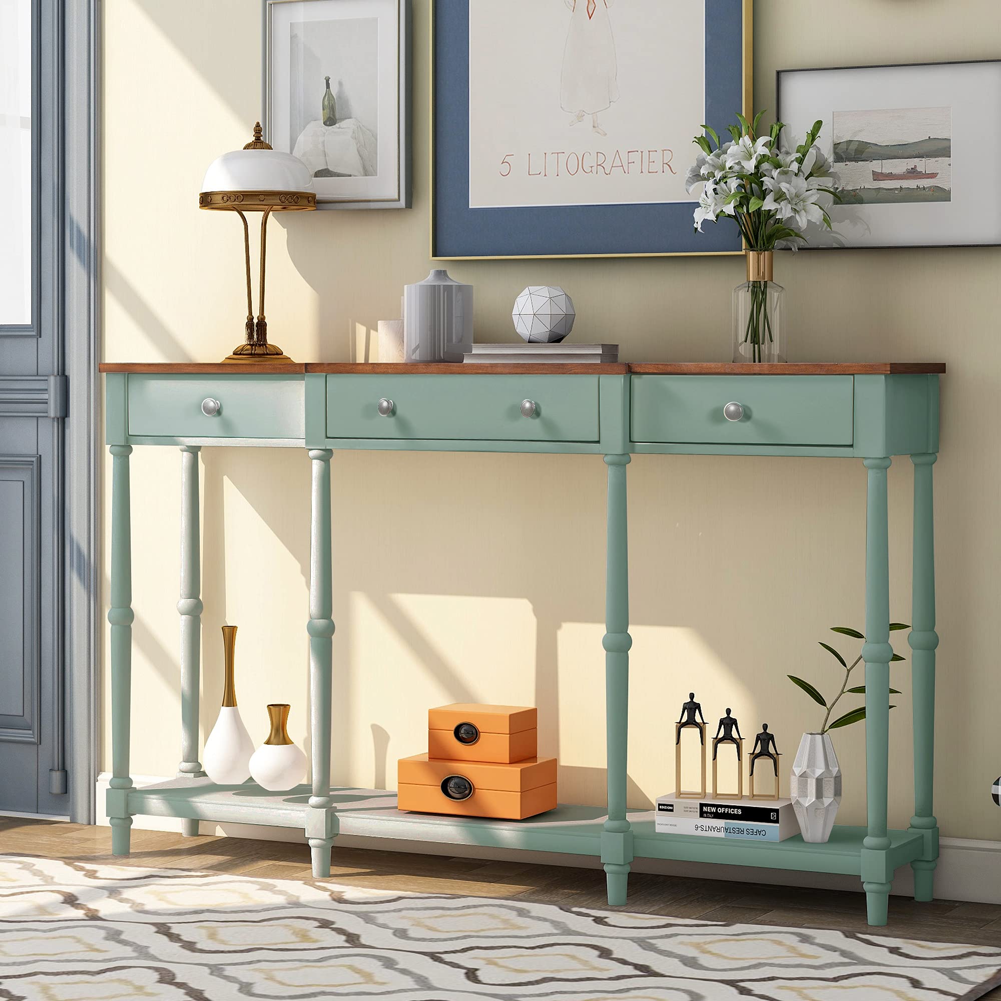 Solid Wood Console Table Sofa Table - Classic Entryway Table with Storage Shelf & Drawer for Living Room, Hallway, Bedroom - Narrow Accent Table Furniture in Green & Brown - Perfect for Small Spaces, Home Decor, and Entryway Organization