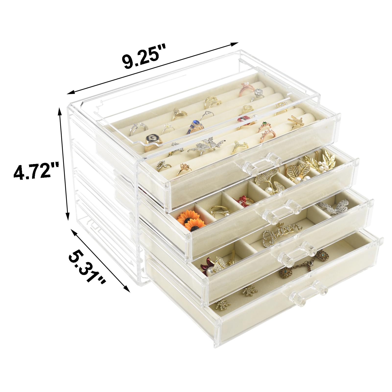 Weiai 4-Drawer Clear Acrylic Jewelry Organizer Box - Jewelry Storage Case for Necklaces, Rings, Earrings & Bracelets - Perfect for Bedroom, Bathroom & Travel Organization (Beige)