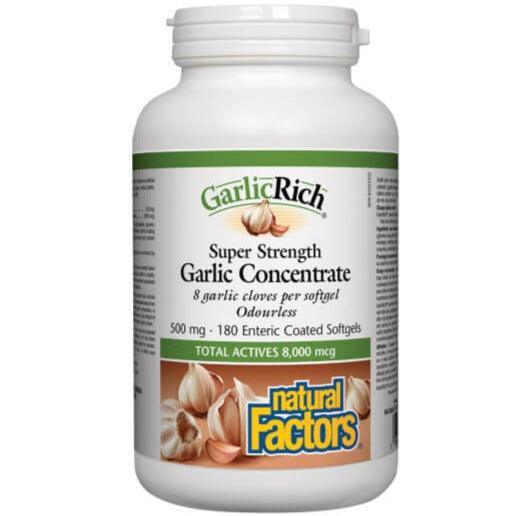 Natural Factors Super Strength Garlic Rich Garlic Concentrate 500mg - 180 Enteripure Softgels for Heart Health & Immune Support | Dietary Supplement for Adults