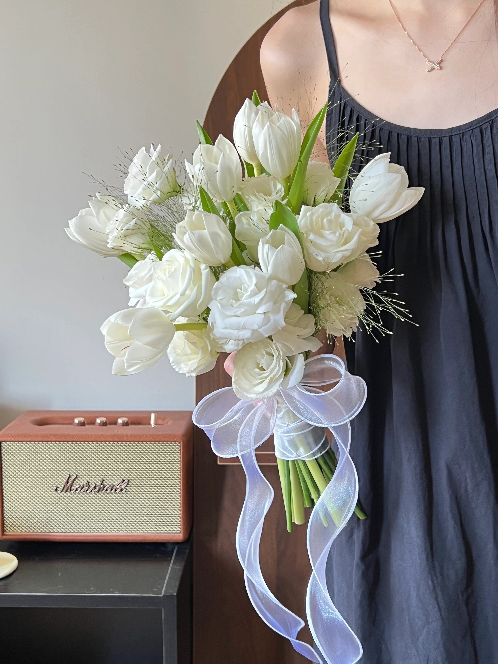 ROM Bouquet White Tulips with Roses - Elegant Floral Arrangement for Weddings, Anniversaries & Home Decor