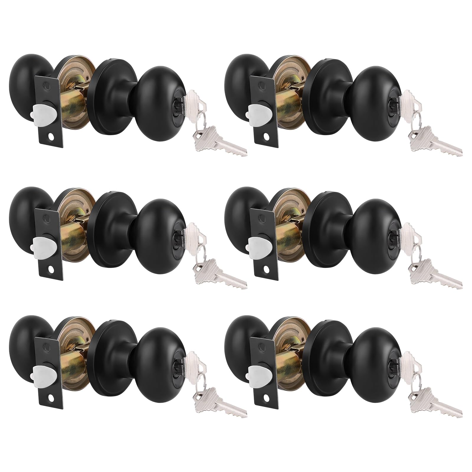 Gobrico Matte Black Keyed-Alike Door Knobs 6-Pack - Egg Oval Style Entry Door Locksets for Front Exterior Doors | Secure Home & Office Entryway Solution