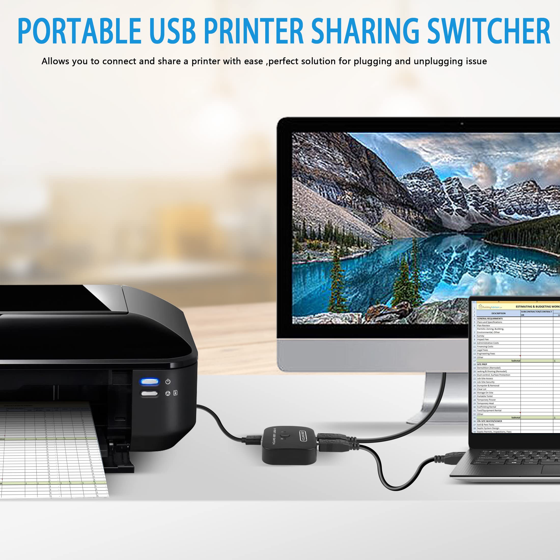 RIIEYOCA USB Printer Sharing KVM Switch - Auto Switch No Drivers Needed | Share Keyboard, Mouse & Scanner Between 2 Computers | Includes Desktop Controller & 2 USB Printer Cables (1.5M) | Perfect for Home Office & Small Business Setup