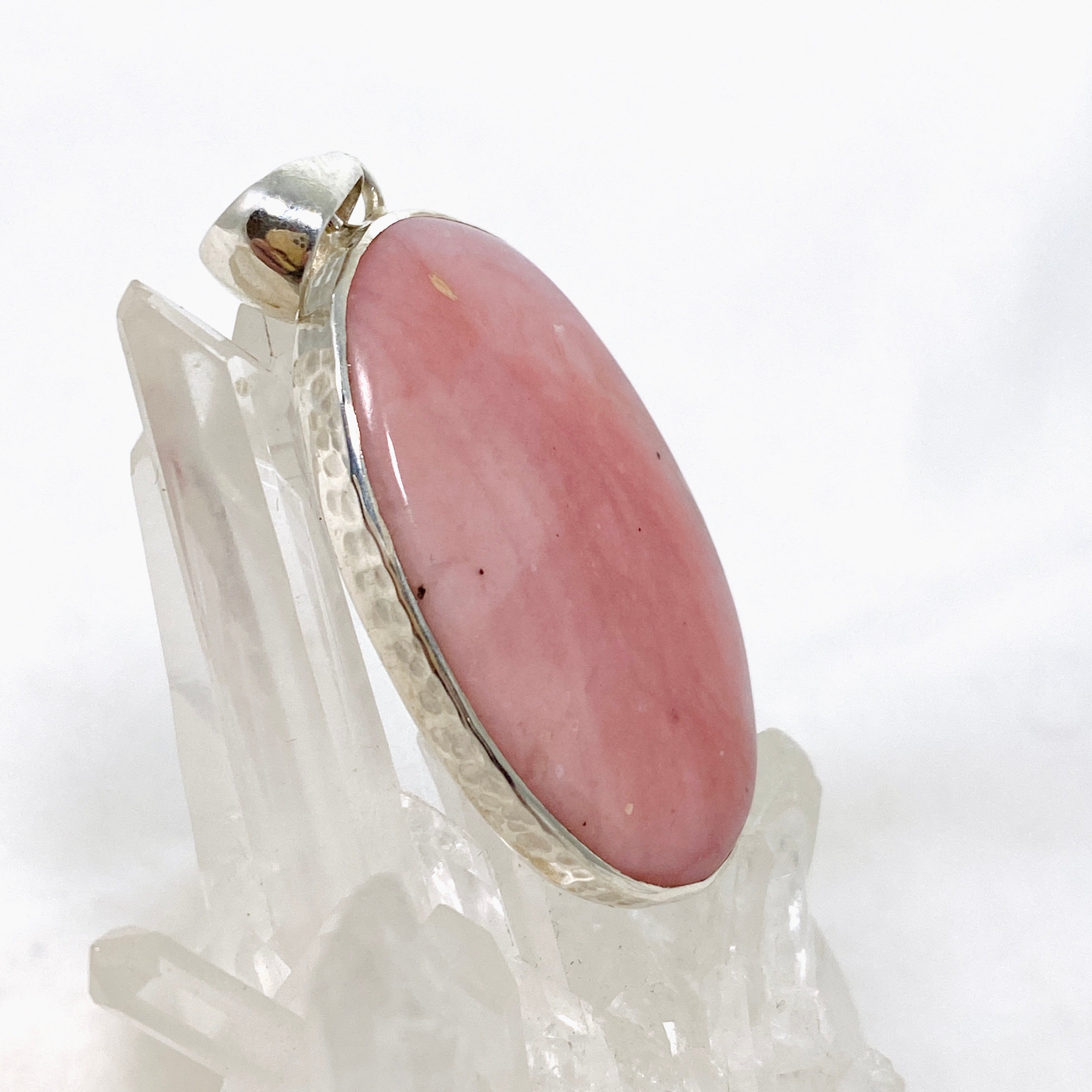 Natural Pink Opal Oval Cabochon Pendant in Handcrafted Hammered Silver Setting - KPGJ4668 | Elegant Jewelry Gift for Women, Perfect for Valentine's Day & Anniversaries