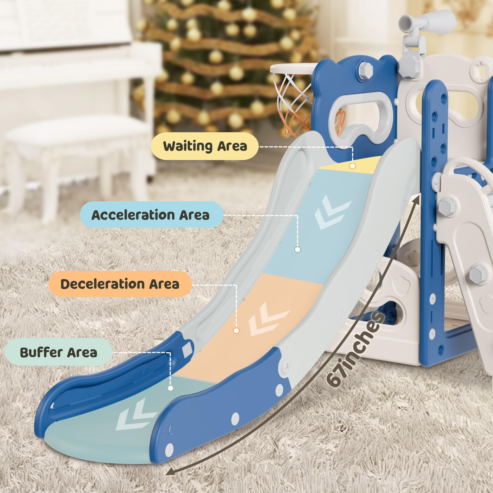 **Babytronic 6-in-1 Toddler Slide & Playset for Kids Ages 1-3 – Indoor & Outdoor Slide with Basketball Hoop & Telescope – Blue & Gray – Perfect for Playrooms, Backyards & Daycares**