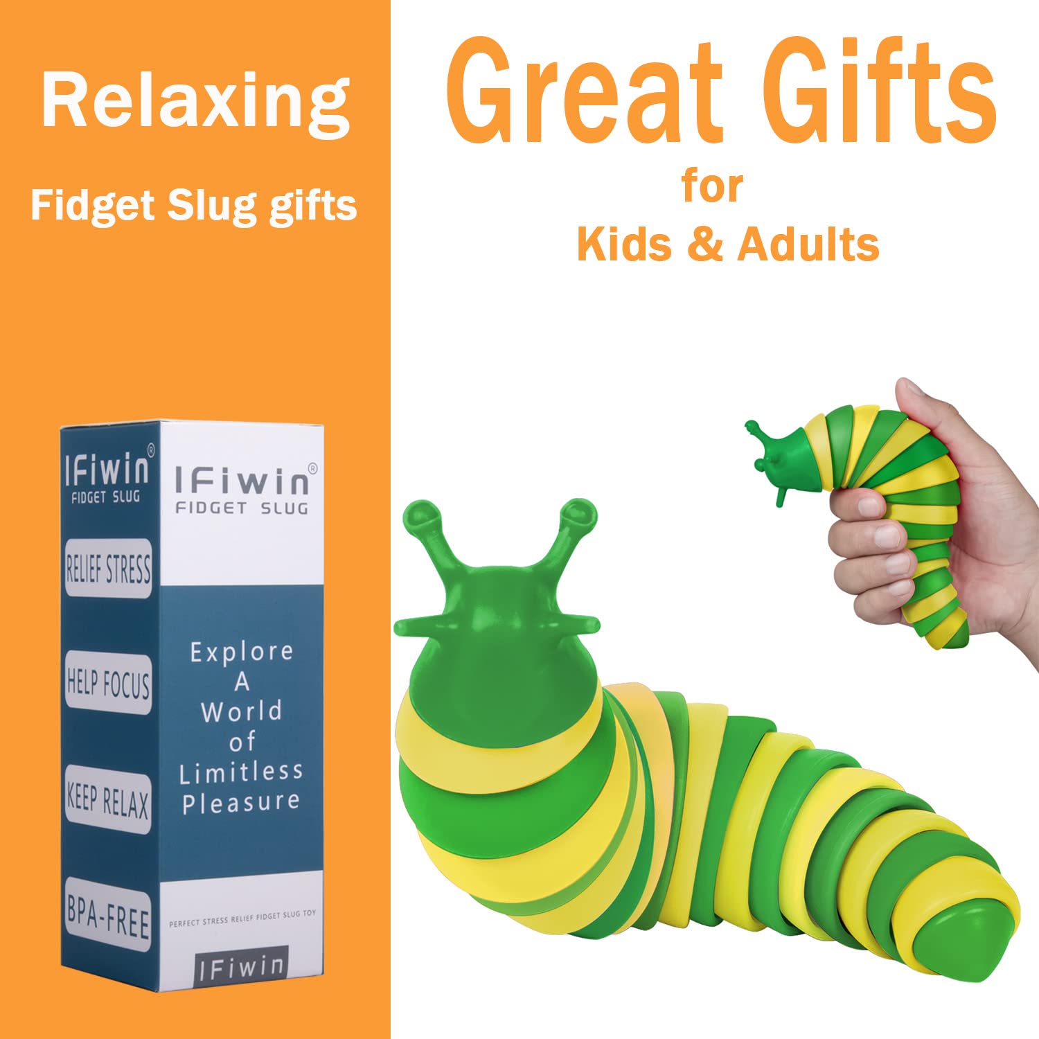 iFiwin Fidget Slug - Sensory Slug Fidget Toys for Kids & Adults with Autism, Stress Relief Toys for Anxiety, ADHD & Focus - Perfect for Christmas Stocking Stuffers, Birthday Gifts & Party Favors - Great for Classroom, Office & Travel Stress Relief