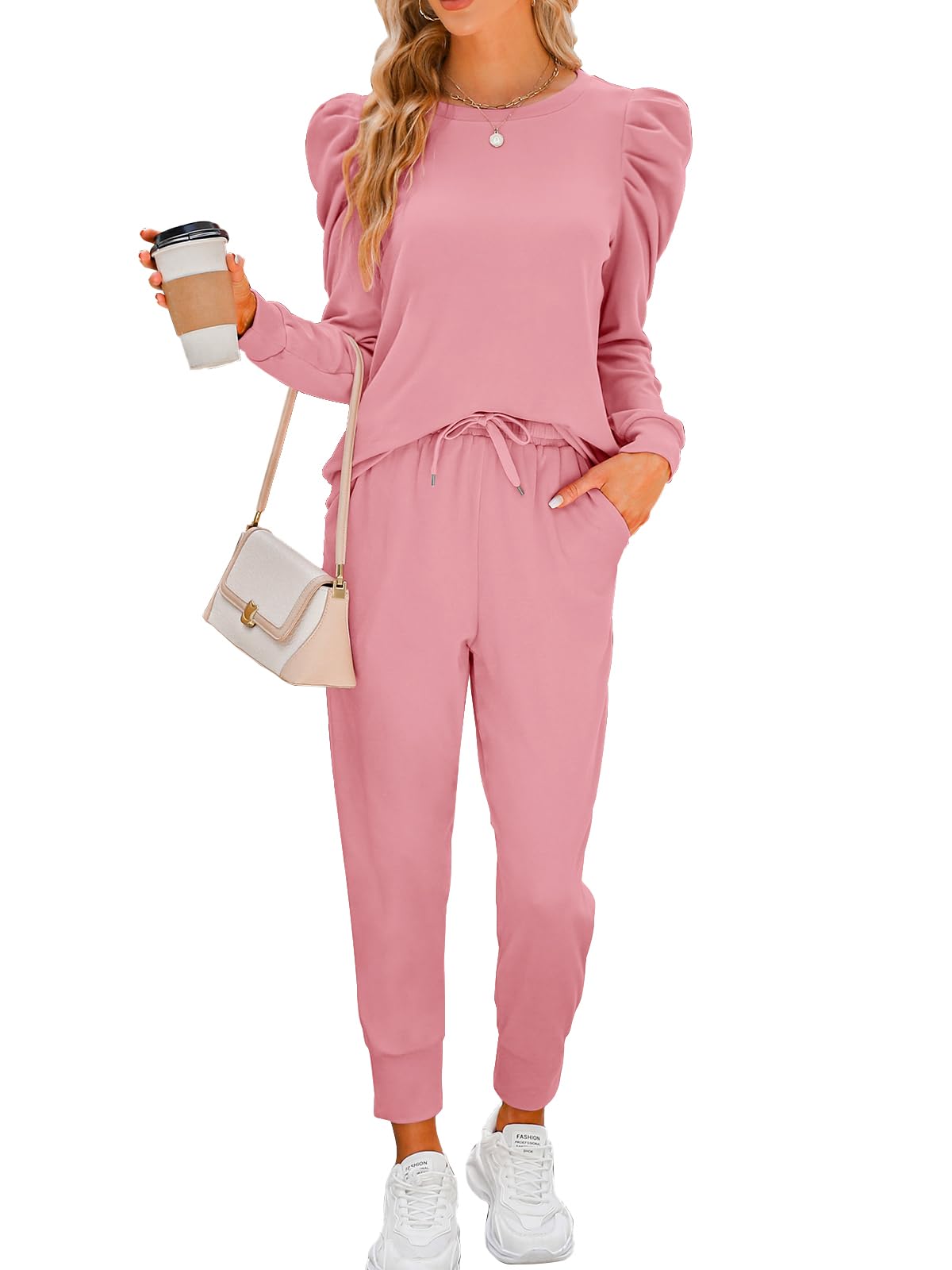 Onedreamer Women's 2-Piece Sweatsuit Set - Long Sleeve Puff Crewneck Sweatshirt & Jogger Pants | Lounge Wear, Casual Outfit, Home Comfort | Perfect for Yoga, Running Errands & Relaxing at Home