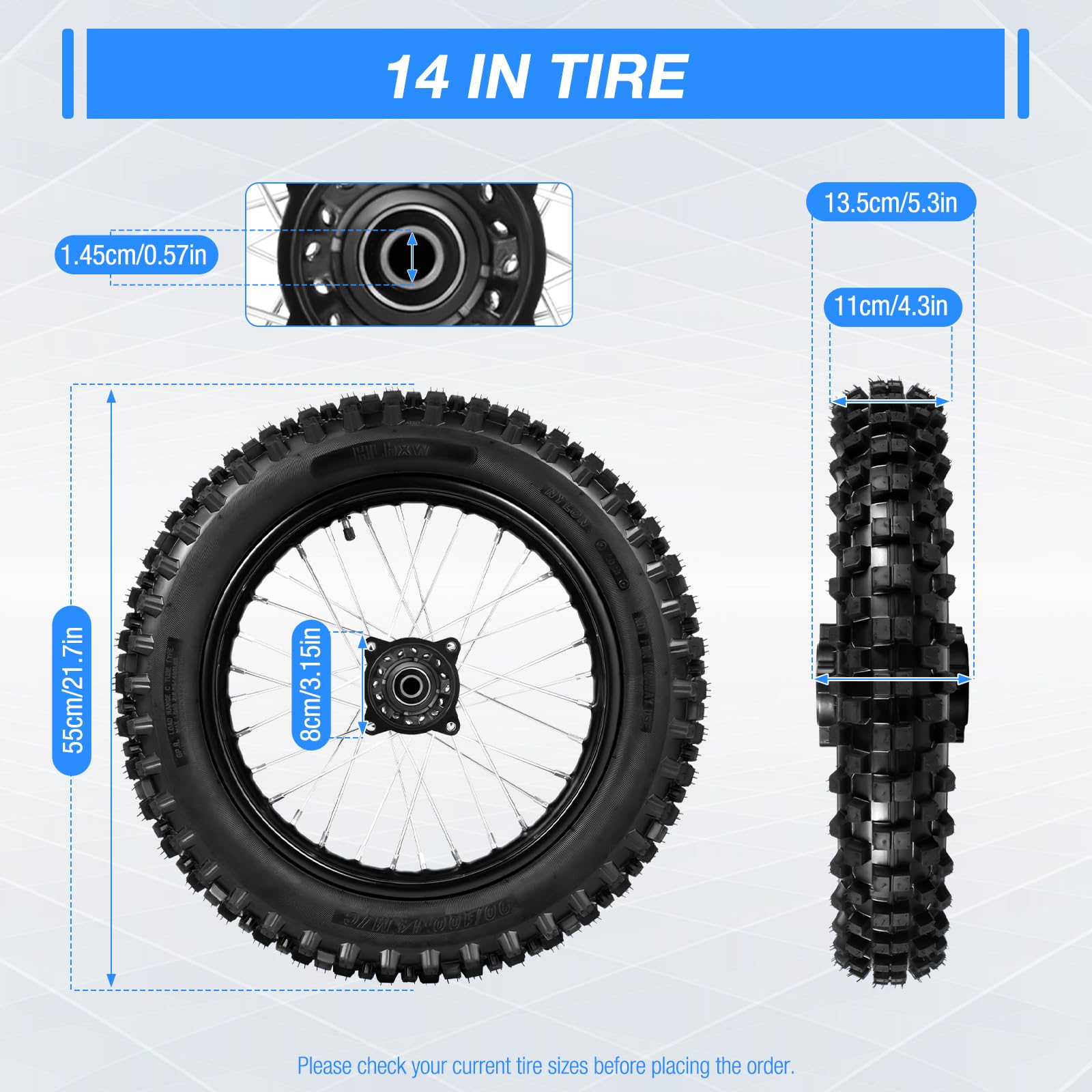 90/100-14 Rear Wheel Tire & Rim Inner Tube with 15mm Bearing Assembly for Dirt Bike, Pit Bike, Monkey Bike (125/140/150/160CC) - Perfect for Off-Road Adventures & Trail Riding