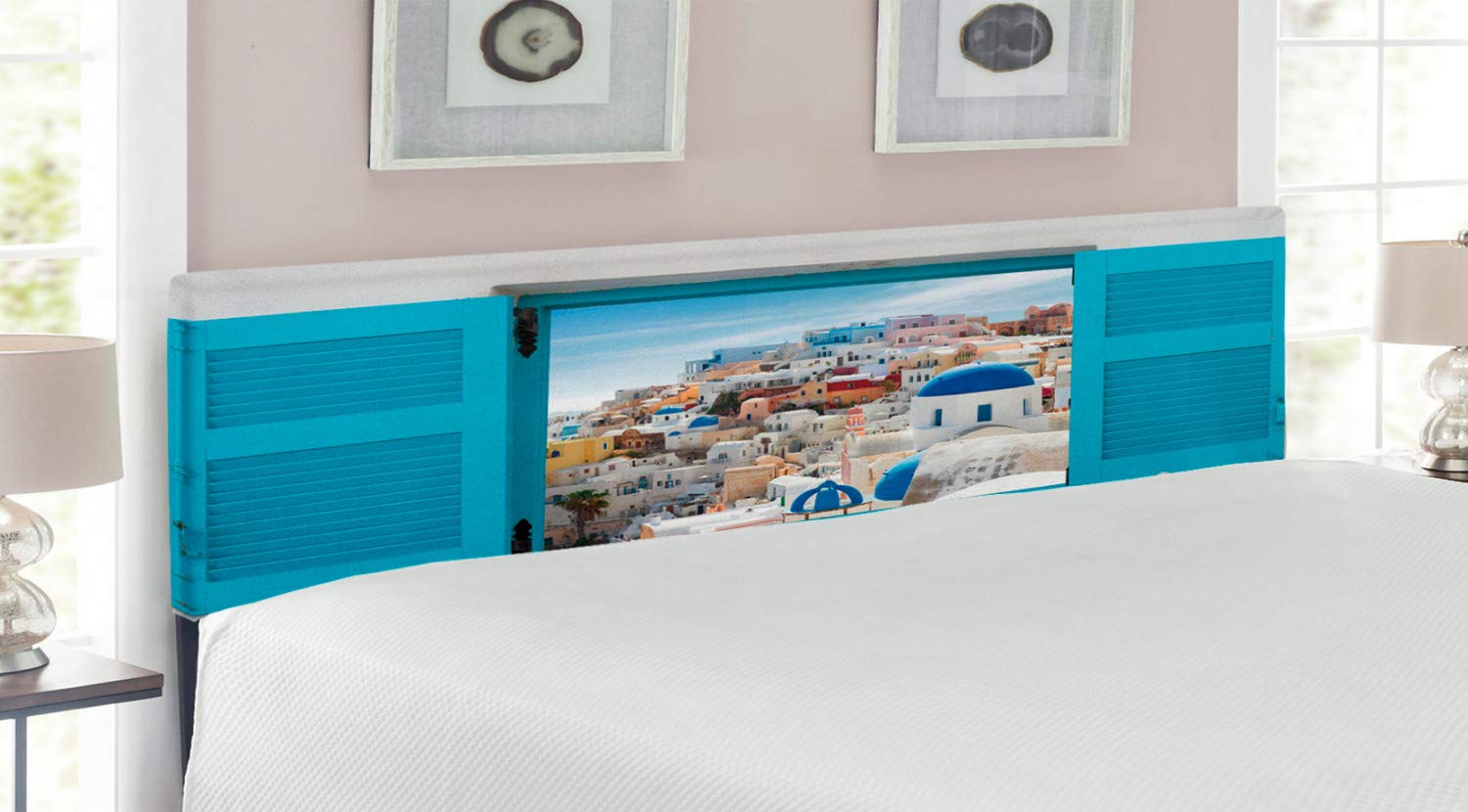 Ambesonne European Upholstered Headboard - Vintage Window Shutters Design, Traditional Greek Village Heritage King Size Bed Headboard with Memory Foam, Multicolor | Perfect for Bedroom Decor, Guest Rooms & Mediterranean Style Homes