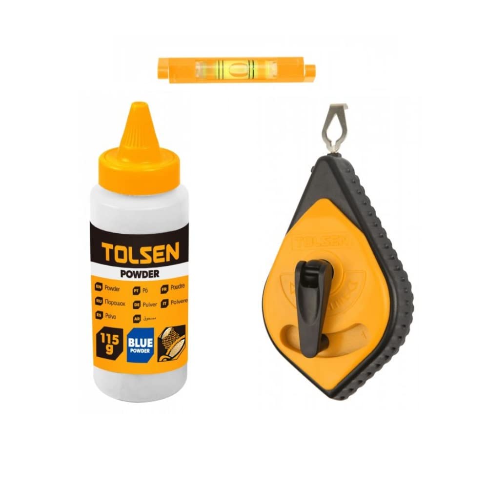 Tolsen Heavy Duty Chalk Line Reel Set - 30m (100ft) Professional Builders Chalk String Kit with Fast Rewind & Built-in Spirit Level - Perfect for Construction, Carpentry, Masonry and DIY Home Projects